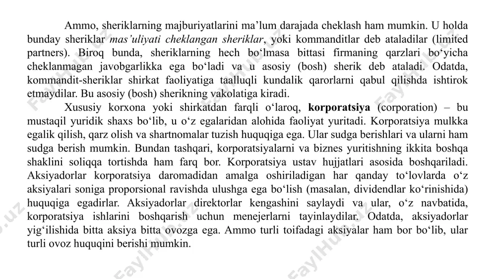 alarini hurmat qilishlari va zaruratga ko‘ra, albatta, agar bu aksiyadorlar tomonidan katta sarfxarajatlarga olib kelmasa, turli ijtimoiy vazifalar bajarilishiga ko‘maklashishlari kerak. biroq, korporativ menejment maqsadlarini faqat aksiyadorlar manfaatlariga xizmat qilish bilan cheklab qo‘yilganda ham, unga erishish usullarini aniq belgilashning iloji yo‘q. aslini olganda, menejerlar kompaniya egalari bilan har bir masalani, shu jumladan, kompaniya tovarlari va xizmatlari assortimentini tanlash, kapital jalb qilish bo‘yicha sarf-xarajatlarni belgilash masalalarini muhokama qilishlari, ulardan eng maqbul variantlar qaysiligini so‘rashlari mumkin. unday bo‘lsa, kompaniya egalari firmani o‘zlari boshqarganlarida qanchalik mutasaddi bo‘lsalar, biznesni boshqarishga qancha vaqt sarf qilsalar, shuncha darajada mutasaddi bo‘lib, shuncha vaqt sarflagan bo‘lar edilar va menejerlar mehnatidan foydalanishdan ma’no qolmagan bo‘lar edi. 4. bozor intizomi: kompaniyalarning “yutib yuborilishi” va uning moliyaviy natija (oqibat)lari hech o‘ylab ko‘rganmisiz: qanday kuch menejerlarni aksiyadorlar manfaati yo‘lida ishlashga majbur qila oladi? albatta, aksiyadorlar yig‘ilishda oliy darajadagi menejerga qarshi ovoz berib, uni ishdan bo‘shatib yuborishlari mumkin. ammo, mulkka egalik huquqi va …