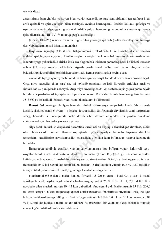 ik kuzatiladi. mana shu alomatlarning hammasi 1–2 hafta davom etib, keyin meningial belgilar kuchayib boradi. bunda bemorlarda umumiy lohaslik belgilari kuchayadi, ozish, doimiy yuqori tana harorati, parishonlik yoki hushsizlik, anglash va so`zlash qobiliyatining buzilishi, uyquchanlik, savollarga xohishsiz javob qaytarish, kuchaygan davomli bosh og`riq, sababsiz ko`ngil aynish yoki qusish, alahsirash, tirishish, umumiy og`riqni sezish va turli xildagi gallutsinatsiyalar kuzatiladi. bemorni tekshirganda meningial belgilar: ensa mushagining tarangligi, kernig va brudzinskiy belgilari, pay reflekslarining kuchayishi yoki yo`qolishi, babinskiy, oppengeym, gordon, rossolimo patologik reflekslarining borligi, miya asosidan chiquvchi 12 juft kbm nervlarida o`zgarishlar kuzatiladi. ii juft ko`ruv kbm nervi zararlanganda ko`rish pasayishi, ko`z tubida o`zgarishlar kuzatiladi; iii juft ko`zni harakatlantiruvchi kbm nervi zararlanganda yuqori qovoqning osilib qolishi, tashqariga qarab qolgan g`ilaylik, ko`z qorachig`ining kengayishi, ko`z olmasining o`ynoqiligi va narsalarning ikkita bo`lib ko`rinishi; vi juft ko`zni tashqariga harakatlantiruvchi kbm nervi zararlanganda ichkariga qaragan g`ilaylik, doimiy diplopiya; vii juft yuz kbm nervi zararlanganda yuz mushaklari falajlanadi, …