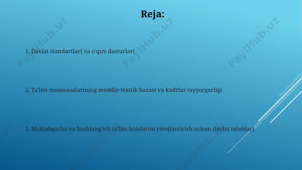 шарт. иммунизация даражаси 95% дан кам бўлмаслиги керак. o'quv jarayonini tashkil etish talablari o'quv rejalari bolalarning yosh xususiyatlari va individual ehtiyojlarini hisobga olgan holda, ta'limning integratsion yondashuvi asosida 1-4 ta asosiy o'quv sohalarini o'z ichiga olishi zarur. har bir o'quv mavzusini o'zlashtirish uchun ajratilgan vaqt me'yori 15-25 minutdan oshmasligi, bunda dinamik tanaffuslar va harakatli o'yinlar bilan almashtirib borilishi lozim. ota-onalar bilan hamkorlik ota-onalar bilan samarali hamkorlik maktabgacha va boshlangʻich taʼlim muassasalarida bolalarning 70% ga yaqin rivojlanish koʻrsatkichlariga ijobiy taʼsir koʻrsatishi isbotlangan. kamida oyiga 1 marta oʻtkaziladigan ota-onalar yigʻilishlari, bolaning individual rivojlanishi, oʻquv dasturlari va oʻqituvchilar bilan muloqot uchun muhim platformalar hisoblanadi. axborot texnologiyalaridan foydalanish boshlang'ich sinf o'quvchilari uchun onlayn ta'lim platformalaridan foydalanish, 5-10% gacha o'quv jarayonining samaradorligini oshirish va mustaqil bilim olish ko'nikmalarini rivojlantirish imkonini beradi. interaktiv taxtalar va dasturlar yordamida o'qituvchilar 20% gacha o'quv vaqtini tejab, o'quvchilarning individual ehtiyojlariga moslashtirilgan 10 dan ortiq turdagi ta'lim materiallarini taqdim etishlari mumkin. …