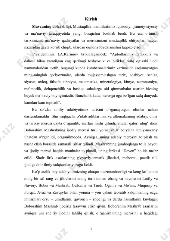 llarida ajdodlarimizga ehtirom, milliy iftixor tuyg‘ularini tarbiyalashda yordam beradi. prezidentimiz islom karimov aytganidek: “haqqoniy tarixni о‘rganmay turib, о‘zlikni anglash mumkin emas”. shoir g‘azallarining xalq tomonidan kо‘p о‘qilishi, hofizlar tomonidan kuylanishi, og‘izdan og‘izga, avloddan avlodga kо‘chib yurishi ham uning xalq qalbiga naqadar yaqinligini kо‘rsatadi. mashrab adabiy merosining katta qismi bizgacha xalq kitoblari orqali yetib kelganligi ham fikrimizni tasdiqlaydi. bu esa, shoir nazmiy asarlarining xalq ruhiga nechog‘lik yaqin ekanini kо‘rsatadi. mashrab she’riyati va xalq og‘zaki ijodi muammosini о‘rganish shuning uchun ham dolzarb muammolardandir. muammoning о‘rganilganlik darajasi. mashrab ijodini adabiyotshunoslikda о‘rganish xviii asrdan boshlangan bо‘lsa-da, xx asr oxirlariga kelib bu boradagi tadqiqotlar yangicha bosqichga kо‘tarildi. akademik v. abdullayev “о‘zbek adabiyoti tarixi” darsligida mashrab hayoti va ijodiy faoliyati xvii-xviii asrlardayoq adabiyot va ilm ixlosmandlari e’tiborini tortganini ta’kidlab о‘tgan. mashrabshunoslik avvalo, shoir asarlarini nashr ettirish ishlaridan boshlangan. bu borada, о‘zbek tadqiqotchilari mehnatlarini kamsitmagan holda, dastlabki davrlarda rus sharqshunoslari xizmati samarali bо‘lganini eslatib о‘tish о‘rinli. jumladan, …