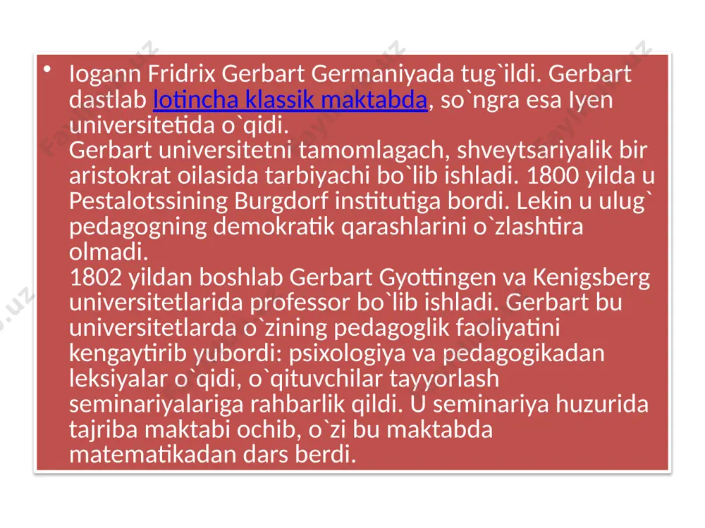 jarayonini boshqarish, o`qitish va axloqiy tarbiya berish, deb uch bo`lakka bo`ladi. boshqarish o`z oldiga bolaning kelajagini emas, balki hozirgi vaqtning o`zida, ya`ni tarbiya jarayonining o`zida tartib saqlab turishni vazifa qilib qo`yadi. gerbart «yovvoyi sho`xlik» bolalarga xos bir narsa deb hisoblab, boshqarish ana shu «yovvoyi sho`xlik»ni yo`qotishi lozim deydi. boshqarish tashqi tarbiyani saqlab turishi bilan tarbiyalanish uchun shart-sharoit vujudga keltiradi. lekin boshqarishning o`zi tarbiyalamaydi, balki tarbiyalashning mutlaqo zarur shartidir, xolos, deydi. gerbart tarbiya ishida aqliy ta`limga katta ahamiyat berdi. u ta`limni tarbiyaning eng katta va asosiy vositasi deb hisobladi. gerbart pedagogikaga tarbiyalovchi ta`lim terminini kiritdi. ta`limsiz tarbiya bo`lmaydi, deydi u. gerbart tarbiyalamaydigan ta`limni tan olmaydi. ammo gerbart o`zidan oldin o`tgan pedagoglarning, jumladan, pestalotssining tarbiyalovchi ta`lim to`g`risidagi qimmatli g`oyasini takomillashtirdi. gerbartning fikricha, ta`lim qiziqishlarning ba`zilari tevarak-atrofdagi voqelikni bilishga, ba`zilari ijtimoiy hayotni bilishga intiladi. gerbart turli qiziqishlarni oltita mustaqil turga bo`ladi. u quyidagi qiziqishlarni birinchi guruh qiziqishlar qatoriga kiritadi: imperik qiziqish — fikr …
