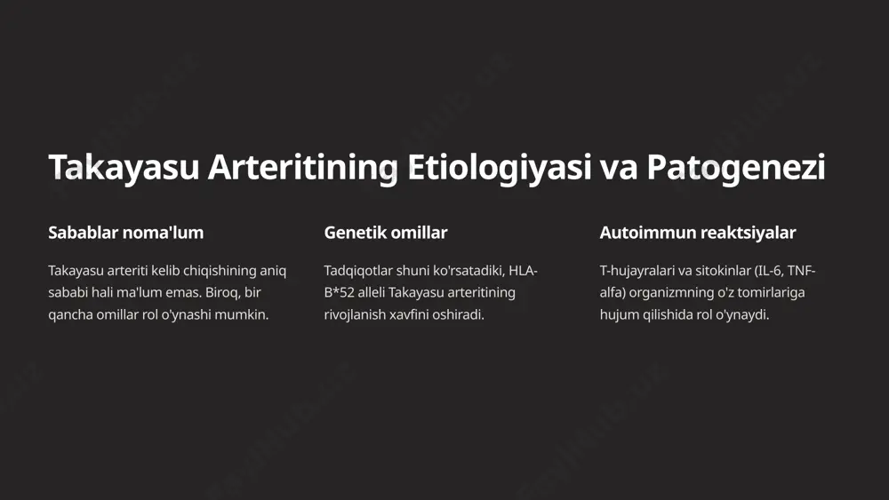 ish va monitoring muntazam tekshiruvlar klinik holatni baholash yallig'lanish markerlarini monitoring qilish esr, crp darajasini tekshirish angiografik nazorat aorta holatini kuzatish 9 xulosa takayasu arteriti - bu murakkab vaskulit, erta tashxis va davolashning ahamiyati katta. tadqiqotlar davom etmoqda, bu kasallikka chalingan bemorlarga umid berish uchun yangi davolash usullari ishlab chiqilmoqda. 10 image1.png image2.jpeg image3.png image4.png image5.png image6.png image7.png image8.png image9.png image10.png image11.png image12.png image13.png image14.png image15.png image16.png image17.jpeg image18.png