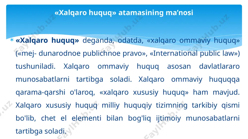 i xalqaro huquq nazariyasida hozirgi zamon xalqaro huquqi ikkinchi jahon urushidan keyin shakllana boshlagan, deb hisoblanadi. zamo­naviy xalqaro huquqning asosi birlashgan millatlar tashkilotining ustavi bo‘lib, u mazkur nufuzli tashkilotning 1945-yil iyunda san-fransiskoda bo‘lib o‘tgan konferensiyasida qabul qilingan. shu paytdan boshlab bmt ustavi zamonaviy xalqaro huquqning poydevori bo‘lib qolgan. bmt ustavida ta’sischi davlatlar zamonaviy xalqaro huquqning umu­miy maqsad va vazifalarini belgilab qo'ygan va ular bu jabhadagi eng asosiy tizimlashtiruvchi omillar sirasiga kiradi. xalqaro huquq quyidagi uchta asosiy sohada amal qilishi mumkin: birinchisi-subyektlik sohasi (subyektga oid soha); ikkinchisi — obyektlik sohasi (obyektga oid soha); uchinchisi — hududiy soha (hududga oid soha). subyektlik sohasi xalqaro huquq normalari ta’sirida bo’gan subyektlar doirasini qamrab oladi. obyektlik sohasi huquqiy munosabatga kirishuvchi subyektlarning huquq va majburiyatlariga yo'naltirilgan, tomonlar xalqaro-huquqiy munosabatlarga kirishishi uchun omil hisoblanuvchi barcha jihatlar demakdir. obyektlik sohasi subyektlik sohasi bilan o‘zaro bog'liq, chunki unga xalqaro huquq subyektlari o'rtasidagi munosabatlargina mansub bo‘lib, ularning barcha ishtirokchilarini qamrab …