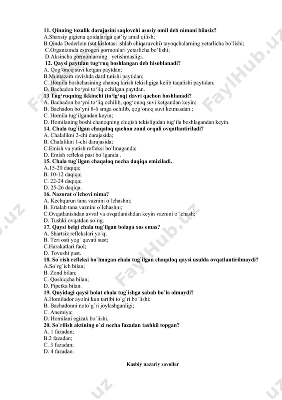 ni to’g’ri o’lchamiga; d.kichik chanoqni kirish tekisligini to’g’ri o’lchamiga. 11. qinning tozalik darajasini saqlovchi asosiy omil deb nimani bilasiz? a.shaxsiy gigiena qoidalariga qat’iy amal qilish; b.qinda dederlein (sut kislotasi ishlab chiqaruvchi) tayoqchalarning yetarlicha bo’lishi; c.organizmda estrogen gormonlari yetarlicha bo’lishi; d.aksincha gormonlarning yetishmasligi. 12. qaysi paytdan tug‘ruq boshlangan deb hisoblanadi? a. qog‘onoq suvi ketgan paytdan; b.muntazam ravishda dard tutishi paytidan; c. homila boshchasining chanoq kirish tekisligiga kelib taqalishi paytidan; d. bachadon bo‘yni to‘liq ochilgan paytdan. 13 tug‘ruqning ikkinchi (to‘lg‘oq) davri qachon boshlanadi? a. bachadon bo‘yni to‘liq ochilib, qog‘onoq suvi ketgandan keyin; b. bachadon bo‘yni 8-6 smga ochilib, qog‘onoq suvi ketmasdan ; c. homila tug‘ilgandan keyin; d. homilaning boshi chanoqning chiqish tekisligidan tug‘ila boshlagandan keyin. 14. chala tug`ilgan chaqaloq qachon zond orqali ovqatlantiriladi? a. chalalikni 2-chi darajasida; b. chalalikni 1-chi darajasida; c.emish va yutish refleksi bo`lmaganda; d. emish refleksi past bo`lganda . 15. chala tug`ilgan chaqaloq necha daqiqa emiziladi. a.15-20 daqiqa; b. …