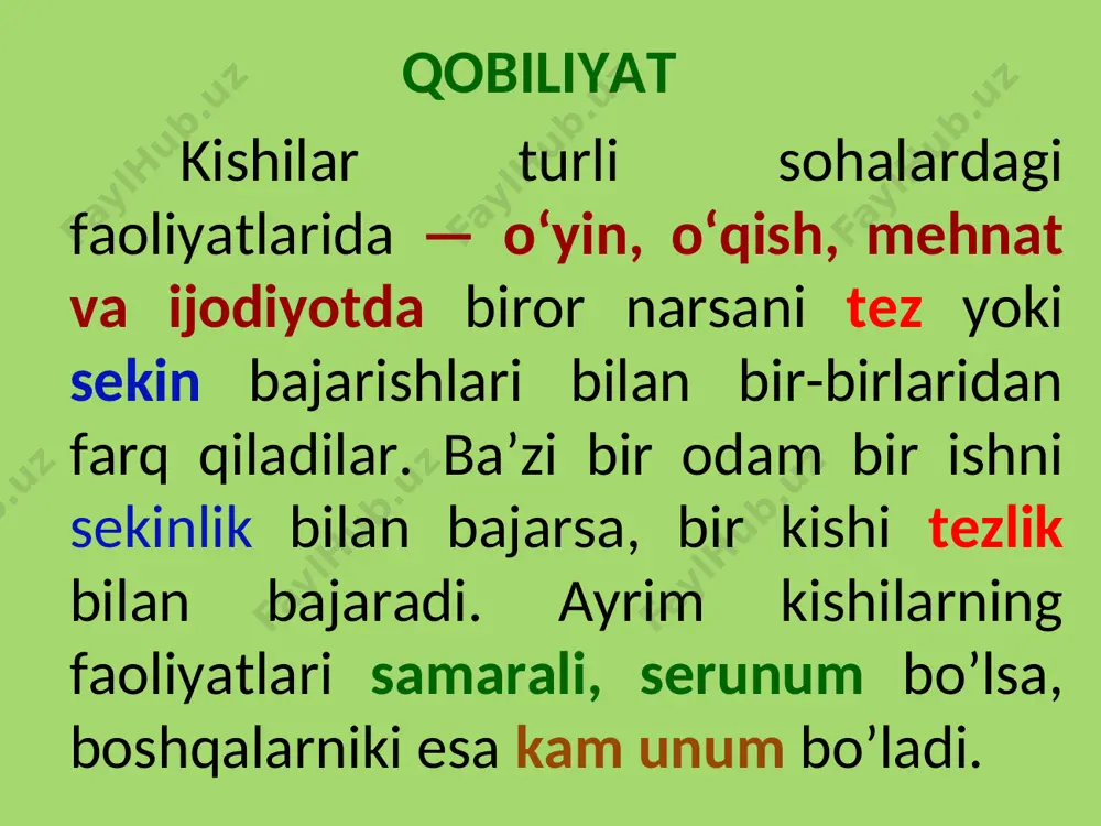 qimmatli narsalar yaratadilar. bunda ular yaratgan narsalar tarixda go‘yo burilish nuqtasi bo‘iib xizmat qiladi, tarixni oldinga progressiv tomon harakatga keltiruvchi madad bo‘lib xizmat qiladi. masalan, biz alisher navoiyning genial shoir deb hisoblaymiz, chunki, u shunday asarlar yaratdiki, uning asarlari dunyoga kelishi bilan o'zbek adabiyotida, o'zbek tili taraqqiyotida yangi bir davr boshlandi. talantli deb shunday odamlarni aytiladiki, ular ma’lum sohada murakkab nazariy va amaliy masalalarni hal qilishga, yangilik va progressiv ahamiyatga ega bo'igan qimmatli narsalar yaratishga qodir bo'ladilar. talantli odam, talantli yozuvchi va talantli shoir, talantli rassom, talantli konstruktor deganda biz buni ana shu ma’noda tushunamiz. talantli deb, shuningdek, bilimlarni tez, muvaffaqiyat bilan o'zlashtirib oladigan va shu bilimlarni turmushda, o'z faoliyatlarida to'g'ri tatbiq qiladigan odamlarni ham aytiladi. talantli o'quvchi, talantli talaba, talantli skripkachi va talantli pianist, talantli muhandis deganda biz buni ana shu ma’noda tushunamiz. geniy — bu yangilik yaratuvchi va kashf qiluvchi odam, talantli deb, bu yangiliklarni tez o'zlashtirib oladigan …