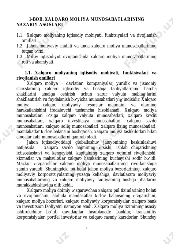higa zamin yaratdi. shuningdek, bu holat jahon moliya bozorlarining, xalqaro moliyaviy korporatsiyalarning yuzaga kelishiga, davlatlararo moliyaviy munosabatlarning va xalqaro moliyaviy faoliyatning boshqa jihatlarini murakkablashuviga olib keldi. xalqaro moliya doimiy o‗zgaruvchan xalqaro pul tizimlarining holati va rivojlanishini, alohida mamlakatlar to‗lov balansining o‗zgarishini, xalqaro moliya bozorlari, xalqaro moliyaviy korporatsiyalar, xalqaro bank va investitsion faoliyatni namoyon etadi. xalqaro moliya tizimining asosiy ishtirokchilar bo‗lib quyidagilar hisoblanadi: banklar, transmilliy korporatsiyalar, portfel investorlar va xalqaro rasmiy karzdorlar. shunday 6 ekan, xalqaro moliyaviy operatsiyalar alohida mamlakatlarning moliya tizimiga jiddiy ta‘sir ko‗rsatuvchi kuch hisoblanadi. xalqaro moliya o‗zida obyektiv asosga ega bo‗lgan moliyaviy munosabatlarni ifodalaydi. uning moddiy asosi bo‗lib mamlakatlar o‗rtasida amalga oshiriladigan xalqaro moliyaviy oqimlar, jumladan, pul oqimlari – import qilingan mahsulot va xizmatlarning to‗lovlari hamda mahsulot va xizmatlar eksportidan kelgan valyuta tushumlari, ushbu oqimlar xo‗jalik yurituvchi subyektlar moliyasini ifodalashi mumkin, lekin ular turli mamlakatlarga tegishli bo‗ladi, shu boisdan mamlakatlar o‗rtasidagi pul oqimlari harakatini namoyon etadi. shuningdek, kredit …