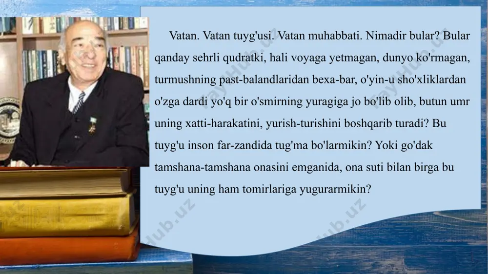a yo'q xursand bo'laman, yaratganga beadad shukronalar qilaman, ba'zan esa, va­tanning menga ko'rsatgan behisob inoyatlariga, el-u yurt ardog'iga munosib javob bera olayotganim yo'q, vatan oldidagi farzandlik burchimni to'la o'tayolmayapman, deb o'kinib qo'yaman. bu o'kinch meni ko'p narsalar to'g'risida o'ylashga undaydi. axir bu go'zal vatan allohning el qatori menga ham atagan buyuk tuhfasi. mendan awal o'tgan avlod-ajdodlarim, uni jamiki betakror jozibasi bilan, tuganmas xazinalari bilan menga meros qoldirgan. xo'sh, nima qilmoq kerak? tekin meros ekan deb, uning boyliklarini bir chekkadan sovuraverishim kerakmi? axir, yotib yesa tog' chidamas ekan. yo'q, orqa-oldimizga qaramay sovurish yo'lini tutadigan bo'lsak, bu go'zal o'lka uch-to'rtta avlodning umri o'tmasdanoq odam yursa oyog'i, qush uchsa qanoti kuya-digan dasht-u biyobonga aylanadi-yu, biz hammamiz kelajak avlodlarning qarg'ishiga uchraymiz. baxtimizga, o'tgan avlod-ajdodlarimiz bizga vatanni meros qilibgina qoldirgan emaslar, balki bu vatanni chin yurakdan se-vishni, unga ndokorlik bilan xizmat qilishni, uning husniga husn, boyligiga boylik qo'shishni ham meros qoldirishgan. vatanni sevmoq iymondandir, deb …