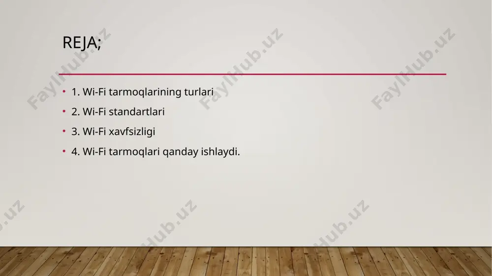 tuzilma tarmog‘i qayerda ishlatiladi? uy sharoiti – wi-fi router orqali internet tarmog‘iga ulanish. ofis va korxonalar – xodimlar o‘rtasida ma’lumot almashish va internetdan foydalanish. mehmonxonalar va savdo markazlari – mehmonlarga simsiz internet taqdim etish. universitetlar va maktablar – talabalar va o‘qituvchilar uchun simsiz tarmoq yaratish. ad-hoc (peer-to-peer) tarmoq – bu wi-fi qurilmalari o‘zaro bevosita ulanadigan tarmoq turi bo‘lib, router yoki access point talab qilinmaydi. bunda qurilmalar o‘zlari mustaqil ravishda tarmoq yaratib, ma’lumot almashadi. bu tarmoq kichik guruhlar uchun qulay bo‘lib, vaqtinchalik foydalanish uchun ishlatiladi. masalan, ikkita noutbuk yoki smartfon wi-fi orqali bevosita ulanishi va fayllarni almashishi mumkin. ad-hoc tarmoqlari internet ta’minoti yo‘q joylarda yoki tezkor tarmoq yaratish kerak bo‘lganda foydali bo‘ladi. ad-hoc tarmoqning afzalliklari – router talab qilinmasligi, sozlash osonligi va tezkor ulanish imkoniyati. kamchiliklari esa – signal qamrovi kichikligi, xavfsizlik darajasi pastligi va ko‘p qurilmalarni qo‘llab-quvvatlamasligidir. shuningdek, tarmoq barqaror emas va uzoq masofaga mo‘ljallanmagan. agar kichik tarmoq yaratish yoki …