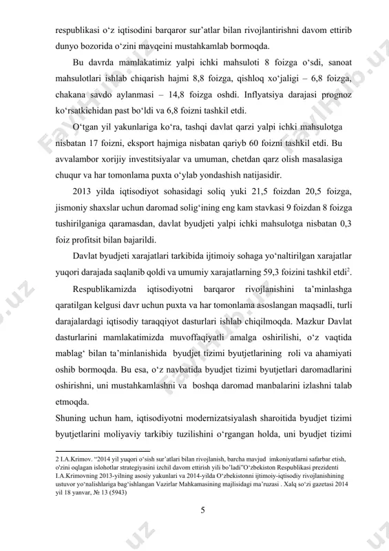 olda, uni byudjet tizimi amaltyotiga samarali tatbiq etishga alohida e’tibor berilmoqda va ushbu masala dolzarb bo‘lib qolmoqda. bitiruv malakaviy ishining maqsadi va vazifalari. bitiruv malakaviy ishining asosiy maqsadi iqtisodiyotni modernizatsiyalash sharoitida byudjet tizimini isloh qilishning dolzarb masalalarini tadqiq etish va bu borada amaliy tavsiyalar ishlab chiqishdan iborat. bitiruv malakaviy ishning asosiy maqsadidan kelib chiqib, quyidagi vazifalar belgilangan: -byudjet tizimi va byudjet munosabatlarini rivojlanish bosqichlarining o‘ziga xos xususiyatlari; -byudjet tizimining tashkiliy-xukukiy asoslari; -byudjet tizimini boshkarish organlari va ularning asosiy vakolatlari; -byudjet tizimi byudjetlari daromadlari va xarajatlari tarkibi, tuzilishining hozirgi holati taxlili; -iqtisodiyotni modernizatsiyalash va fuqarolik jamiyatini rivojlantirish sharoitida byudjet tizimini isloh qilishning asosiy yo‘nalishlari bo‘yicha takliflar berishdan iborat. bitiruv malakaviy ishining ob’ekti. o‘zbekiston respublikasi byudjet tizimi va uning rivojlanish bosqichlari, byudjet tizimi byudjetlari daromadlari va xarajatlari dinamikasi, uni boshqarish bo‘yicha yuzaga kelgan byudjet munosabatlari, shu bilan birga g‘aznachilik tizimida byudjet mablag‘larini boshqarishga oid munosabatlar ko‘rib chiqildi. bitiruv malakaviy ishining predmeti bo‘lib, …