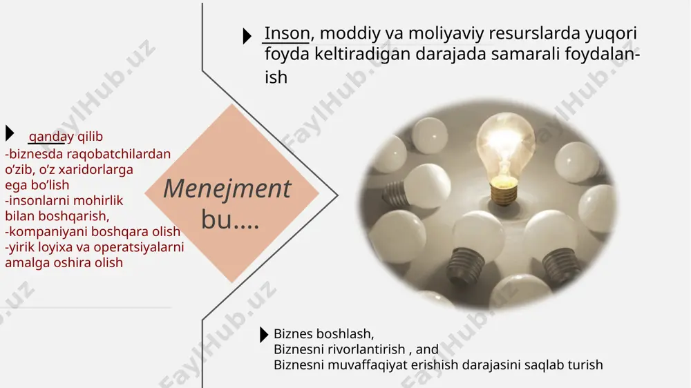 gan va foyda keltiradigan tomonlarini olish 11 mejerlarning vazifalari axborot almashish monitor qilish atrof muhitdagi korxona faoliyatiga doir informatsiyalarni tahlil qilish tarqatuvchilik xaridorlar, roqobatchilar, va texnologik yangiliklar haqida habardor bo’lish tashkilot yoki bo’limdagi har bir xodimga ma’lumotlarni yetkazib berish nutq so’zlovchi korxonadagi maxsus ma’lumotlarni tarqatuvchi markaz bo’lish bo’limdagi ma’lumotlarni boshqa bo’limdagilarga yoki boshqa tashkilotdagilarga yetkazib berish korxonaning yillik xisobot uchrashuvlarda aktsiyodorlarga va sherikchilikdagi boshliqlarga va matbuotga nutq so’zlash 12 mejerlarning vazifalari qaror qabul qilish tashabuskorlik menejerlar o’zlarini va ishhi xodimlarini tashqi o’zgarishlarga munosib reaksiya qilishga moslashtirish muammoni hal qilish kutilmagan va muammoli vaziatlarda tez va tog’ri choralarni ko’ra olish resurslarni taqsimlash kim qanday resurslarga egalik qilishi va qanday miqdorda taqsimlashni hal qilish muzokara qilish tartib, loyiha, proyekt, maqsad, natija va ishchi o’rinlari ustida muzokaralar qilish 13 kompaniyalar xohishlari menejerlardan texnik qobilyat insoniy qobilyat kontseptual qobilyat boshqarishga ishtiyoq soxaga doir tajriba, texnika, bilim boshqalarni ruhlantirish boshqalarni tushinish boshqalarni eshitish tashkilotni bir …