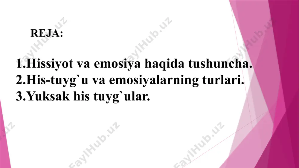 davrida) his qilsa, uning tuyg`ulari aktiv bo`ladi. -aksincha kishining holati noaniq bo`lsa, his-tuyg`ulari ham sust o`tib boradi. his-tuyg`ularning aktivligi ularni stenik (g`ayrat uyg`otuvchi) tuyg`ularga aylantiradi. ular kishining kuch va g`ayratini oshiradi. aksincha, his-tuyg`ularning passivligi shunda ifodalanadiki, ular astenik (bo`shashtiruvchi) tuyg`ularga aylanib, ishchanlikni, g`ayratni pasaytiradi. stenik tuyg`ularga- mardlik, jangovar ruh, g`alaba quvonchini kiritish mumkin. astenik tuyg`ular qayg`u - hasrat, umidsizlik, loqaydlik va hokozolardir. ba`zan his-tuyg`ular birdaniga paydo bo`lib, shiddatli va nisbatan tez o`tadi. ana shu uzoq davom etadigan yoki qisqa muddatli kechinmalar psixik yoki emosional holatlar deb ataladi. ular jumlasiga kayfiyatlar, affektlar (qattiq hayajonlanish), hirslar, frustrasiya, stressli holatlar kiradi. kayfiyat - zaif yoki o`rtacha kuchga ega bo`lgan va odatda ancha barqaror emosional holatdir. ehtiros (havas) - kuchli va shu bilan birga uzoq vaqt davom etadigan, qandaydir bir qiziqish, intilish va faoliyat bilan bog`liq bo`lgan barqaror his-tuyg`ulardir. masalan, kishi fan, musiqa, sportga havas quyishi mumkin. kishilarda ularning psixik va jismoniy holatiga yomon …