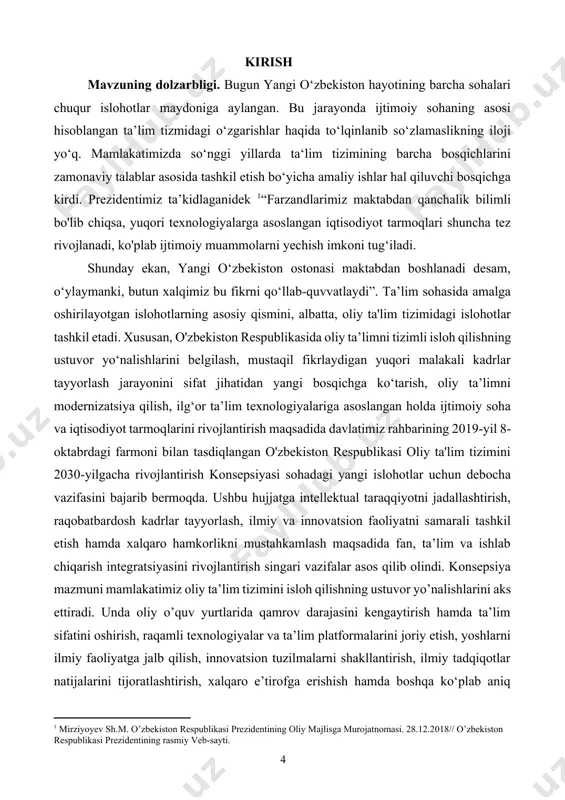 l ifodalashida to‘siq bo‘ladigan salbiy psixologik holatlarni aniqlash va bartaraf etish lozim. negaki, bu holatlar faqatgina yoshlarning bilim olishida to‘siq bo‘lib qolmasdan, balki ularning o‘z-o‘zini past baholashiga ham olib keladi va bu narsa o‘z navbatida shaxsning boshqa psixik jarayonlarining normal rivojlanishida salbiy ta’sir ko‘rsatadi. mamlakatimizning istiqlol yo‘lidagi birinchi qadamlaridanoq buyuk ma’naviyatimizni tiklash va yanada yuksaltirish, milliy ta’lim-tarbiya tizimini takomillashtirish, uning milliy zaminini mustahkamlash zamon talablari bilan uyg‘unlashtirish asosida jahon andozalari va ko‘nikmasi darajasiga chiqarishga katta ahamiyat berib kelinmoqda. ta‘limning yangi modeli jamiyatda mustaqil fikrlovchi erkin shxsning shakllanishiga olib keladi. o‘zining qadr-qimmatini anglaydigan irodasi baquvvat, iymoni butun, hayotda aniq maqsadga ega bo‘lgan insonlarni tarbiyalash imkoniyatiga ega bo‘lamiz. ana shunday keyin ongli turmush kechirish jamiyat hayotining bosh mezoniga aylanadi. shunda inson o’z aqli, o’z tafakkuri, o’z mehnati, o’z mas’uliyati bilan ongli tarzda ozod va hur fikrli inson bo’lib yashaydi. barcha ma’naviy axloqiy fazilatlarning poydevori, tushunchalari, ko’nikmalari bolalikdan tarkib toptirilmasagina, bu poydevor barqaror …