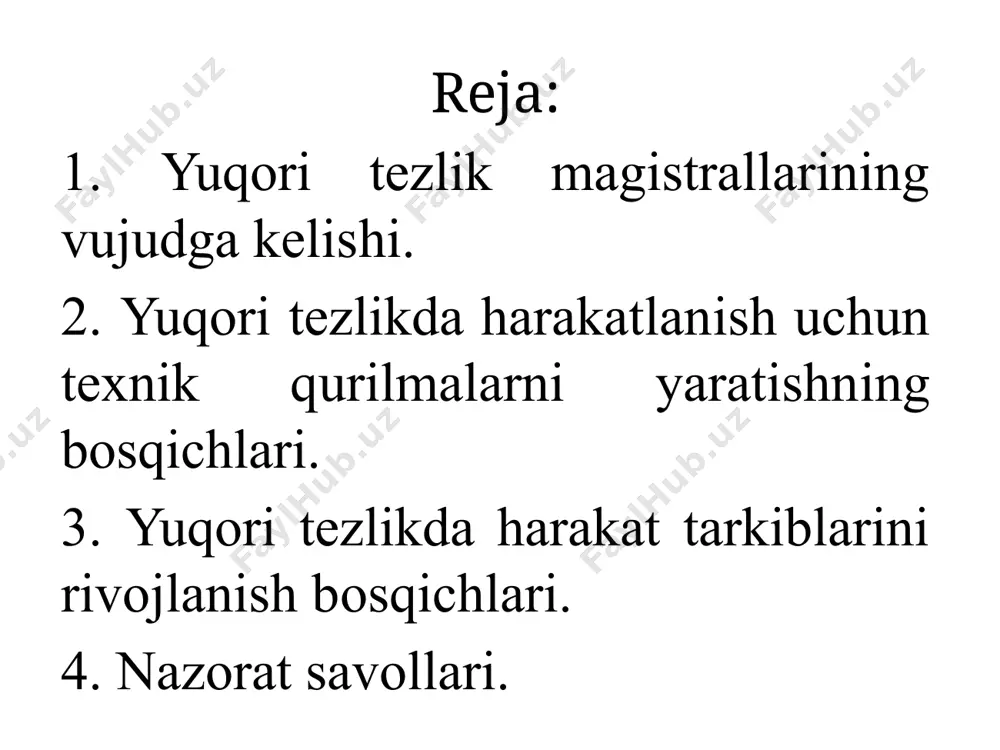 rakatni “yuqori tezlikdagi” dan ajratib turadigan o‘ziga xos 100 mil (160,9 km/soat) ga chiqarish edi. ushbu tezlik chegarasi 1839-yil sentabr oyida buyuk britaniyaning “great western” yo‘lida diametri 10 fut (3048 mm) g‘ildiraklari bo‘lgan “to‘fon” (inglizcha “hurricane”) parovozi tomonidan yengib o‘tilgan (1.2-rasm). 1851-yilda ochilgan rossiyadagi birinchi magistral temir yo‘lda poyezdlarning tezligi dastlabki foydalanish davrida soatiga 50 km ga yetdi. 1.2-rasm. poyga parovozi (to‘fon). buyuk britaniya 1839-yil xix-asrning oxiriga kelib, texnik jihatdan rivojlangan mamlakatlarda (buyuk britaniya, fransiya, germaniya, aqsh) jadval boʻyicha qatnovchi yoʻlovchi poyezdlari 70-80 km/soat tezlikka erishdi. 1890-yil 20-iyulda fransiyada og‘irligi 157 tonna bo‘lgan 2-1-0 tipidagi 604-sonli krumpton parovozli poyezd parij-lion va o‘rta yer dengizi magistralida 144 km/soat tezlikka erishgan. aqshda 1893-yil 10-mayda (boshqa maʼlumotlarga koʻra, 11-may) 2-2-0 tipidagi 999-sonli parovozli empire state ekspress poyezdi (1.3-rasm) nyu-york markaziy va gudzon daryosidan pastga tushishda 112,5 mil (181 km/soat) tezlikka erishgan. 1.2. yuqori tezlikda harakatlanish uchun texnik qurilmalarni yaratishning bosqichlari yuqori tezlikda harakatlanish …