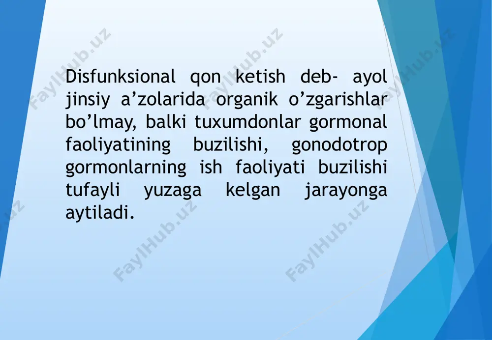 itotsin) qon to`xatuvchi vositalar (cacl2), vikasol, ditsinon kamqonlikka qarshi preparatlar (tardiferon, ferrum-lek, globeks) vitaminlar (c, e, b guruh) gormonal terapiya 2xil xususiyatga ega:gemostatik va tuxumdonlar faoliyatini tartibga solish agar gistologik tekshiruvda rak oldi holati topilsa, jarrohlik usuli qo`llaniladi. bdqq profilaktika genital va ekstragenital kasalliklarni davolash qiz bolalarni yoshligan boshlab sog`lomlashtirish ishlarini olib borish jinsiy hayot gigiyenasiga rioya qilish yuvenil qon ketishi-balog’at yoshiga yetgan qizlarda bachadondan asiklik qon ketishi bo’lib bu holat ginekologik kasalliklarning 10%ni tashkil qiladi. * etiopatogenez kasallik polietiologik: infeksion kasalliklar (angina, gripp, revmatizm, pnevmoniya) noto`g`ri ovqatlanish (gipovitaminoz) ruhiy zo`riqishlar yuqoridagi omillar ontogenez davrida gipotalamus hujayralarining retseptor faoliyatiga ta’sir etadi, natijada uning ta’sirchanligi ortadi, gipotalamus b holatta gipofizga to`liq ta’sir ko`rsatmaydi, gonadotrop gormoni kam ajraladi. bu tuxumdon follikularining yetilishiga ta’sir etadi, anovulyatsiya yuzaga keladi. natijada follikula atriziyasi rivojlanadi. estragenlar ko`p progesterone kam ajraladi. bu hol qon –tomir o`zgarishiga va nekroz holatiga qon ketishiga sabab bo`ladi. klinika ko`p miqdorda uzoq …
