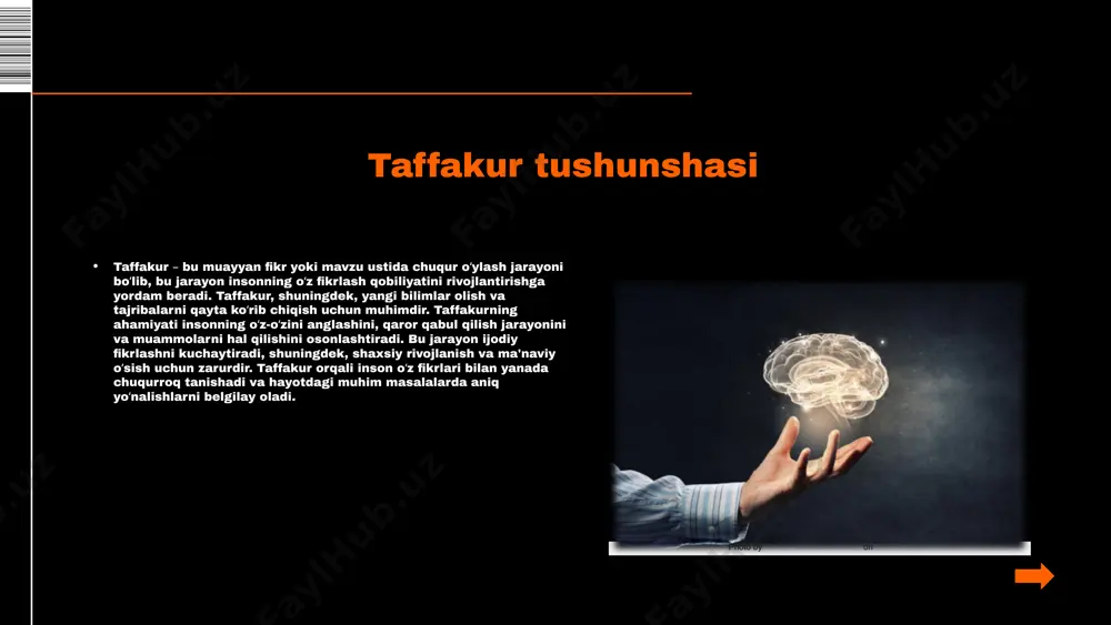 odiy salohiyatini yanada oshirgan. statistika shuni ko'rsatadiki, ijodkorlik sohalarida 75% dan ortiq muvaffaqiyatli insonlar muntazam ravishda taffakur bilan shug'ullanishadi, bu esa ularning professional rivojlanishiga ijobiy ta'sir qiladi. taffakur orqali ijodkorlikni rivojlantirishga oid misollar: albert eynshteyn, pablo pikasso va steve jobs kabi shaxslar taffakur metodlarini qo'llagan holda o'z sohalarida katta muvaffaqiyatlarga erishganlar. photo by jud mackrill on unsplash taffakurni rivojlantirish usullari taffakurni rivojlantirish uchun quyidagi usullarni qo'llash mumkin: 1) muntazam fikr yuritish mashqlari, 2) kunning muhim voqealarini tahlil qilish, 3) muammolarni hal qilishda ijodiy yondashuvlar, 4) o'z-o'zini baholash va fikr almashish. o'z-o'zini tahlil qilishning qiyinchiliklari o'z-o'zini tahlil qilish jarayonida shaxsiy xijolat va noaniqliklar paydo bo'lishi mumkin. bu, ba'zan, o'zini baholashda to'siqlar yaratadi va o'z-o'zini rivojlantirish motivatsiyasini pasaytirishi mumkin. o'qishning ahamiyati o'qish jarayonida yangi g'oyalar va bilimlarni egallash imkoniyati mavjud. bu, shuningdek, fikrlarning kengayishi va taffakurning rivojlanishiga yordam beradi. o'z-o'zini rivojlantirishga to'siqlar o'z-o'zini rivojlantirish jarayonida vaqt va resurslar yetishmasligi, shuningdek, stress va …