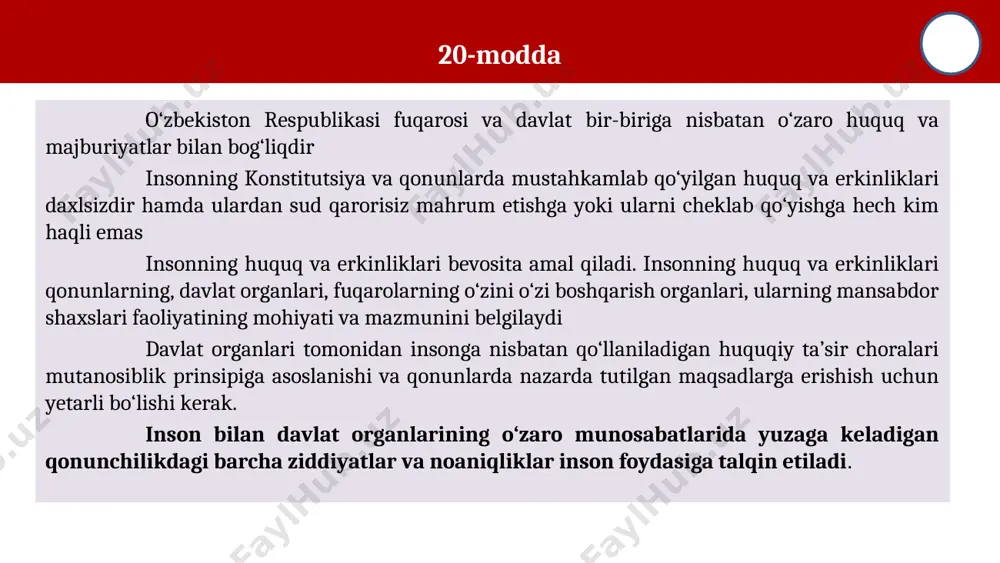 lar islom dini va shariat ahkomlari asosida faoliyat yuritib, nazorat funktsiyasini bajarishgan. xvii asrlarda shved qirolligiga hujum uyushtirilganda qirol hozirgi turkiya hududlariga qochib o‘tishga majbur bo‘ladi. qochqinda turk sultoni himoyasida mamlakatdagi fuqarolar huquqlarini himoya qiluvchi, o‘rnatilgan tartiblarni nazorat qiluvchi insonlarni kuzatadi. keyinchalik o‘z vataniga qaytib, mana shu tizimni o‘z davlatida “ombudsman” nomi bilan joriy etadi va bu yevropada ham ommalashadi. oliy majlisning inson huquqlari buyicha vakili (ombudsman) instituti 1995 yilda tashkil etilgan. ushbu institut mdh hududida birinchilardan bo‘lib o‘zbekistonda ta'sis etilgan. yangi o’zbekistonda ijtimoiy sohalar – ta’lim, sog’liqni saqlash, turizm va boshqa yo’nalishlardagi o’zgarishlar maktabgacha ta’lim agentligi ma’lumotiga ko’ra. 2024 yil 1 yanvar holatida o‘zbekistonda jami 33 942 ta maktabgacha ta’lim tashkiloti faoliyat yuritmoqda. unga ko‘ra, respublikadagi jami maktabgacha ta’lim tashkilotlarining 6780 tasi davlat bog‘chalari, 27 162 tasi esa nodavlat tashkilot hisoblanadi. nodavlat bog‘chalar tarkibi: xususiy — 847 ta; oilaviy — 24 ming 927 ta; dxsh asosidagi tashkilotlar — 1388 …