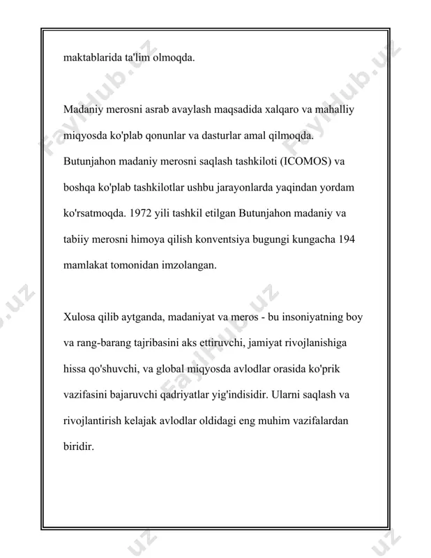 a. 2018 yilda o'zbekiston respublikasi prezidenti qarori bilan "madaniy meros obyektlarini asrash va ulardan foydalanishni yanada takomillashtirish uchun chora-tadbirlar dasturi" tasdiqlandi. bu dastur doirasida madaniy meros obyektlarini ta'mirlash va restavratsiya qilish maqsadida 500 milliard so'm ajratildi. shuningdek, 2020 yilga qadar 100 dan ortiq yodgorlik to'liq ta'mirlandi. statistik ma'lumotlarga asoslaniladigan bo'lsak, o'zbekistonda madaniy meros obyektlariga tashrif buyuruvchilar soni yildan-yilga ortib bormoqda. 2019 yilda madaniy yodgorliklarga umumiy tashrif buyurganlar soni 2 milliondan oshdi. bu esa chet ellik sayyohlarning o'zbekistonning boy madaniy merosi bilan tanishishga bo'lgan qiziqishining oshib borayotganini ko'rsatadi. bundan tashqari, 2017 yildan buyon o'zbekistonda "madaniyat va san'at forumi" tashkiloti faoliyat ko'rsatmoqda. ushbu forum madaniy merosni saqlash va uni targ'ib qilish, yoshlarni madaniy me'ros bilan yaqindan tanishtirish hamda xalqaro hamkorlikni rivojlantirish maqsadida ish olib bormoqda. forum tomonidan 2020-2023 yillarda 50 dan ortiq xalqaro konferensiya va seminarlar tashkil etildi. madaniy merosning avlodlarga etkazilishi masalasida oav (ommaviy axborot vositalari) ham katta ahamiyatga ega. milliy …