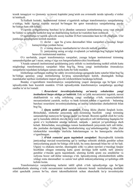nashrlarni xarid qilish va e’lonlar bo‘yicha qo‘ng‘iroqlar yoki rieltorlik firmasiga murojaat etish; pul shaklidagi xarajatlar va vaqt sarflari; tanlangan kvartiralar mulkdorlari bilan ijaraning alohida shartlari haqida muloqatlar olib borish xarajatlari; vositachi sarflari va vaqt sarflari; tanlangan kvartiralarni borib ko‘rish jarayonida uy-joy sifatini baholash xarajatlari vositachi zimmasiga yuklatish mumkin bo‘lgan vaqt sarflari va transport xarajatlari ijara shartnomasini yuridik rasmiylashtirish, uni notarial tasdiqlash xarajatlari; pul shaklidagi xarajatlar; mulkdorning ijara shartlarini o‘zgartirish (ijara to‘lovini oshirish) bo‘yicha opportunizmni oldini olish xarajatlari; vaqt va asab sarflari; mulkdor ijarachiga kvartirani saqlab turish yuzasidan e’tiroz bildirgan va / yoki shartnomani muddatidan oldin buzishni xohlagan taqdirda shartnoma amal qilishi muddatiga berilgan foydalanish huquqini himoya qilish xarajatlari vaqt sarflari va sudga murojaat etish bilan bog‘liq pul shaklidagi xarajatlar shunday qilib, uy-joyni ijaraga olishda yuzaga keladigan transaksiya xarajatlarini miqdoriy baholashga yo vositachilik firmalarining daromadlarini tahlil qilish, yoki o‘rtacha soatlik ish haqiga ko‘paytirilgan bevosita pul xarajatlari va vaqt sarflarini qo‘shish yordamida …