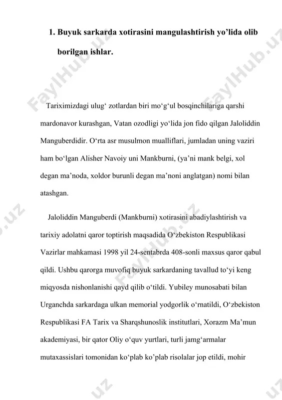 piy dengizidagi ashuradi orolida vafot etadi. o‘limi oldidan sulton jaloliddinni taxt vorisi deb e’lon qilib, sultonlik ba’zi rutbalarini unga topshiradi. jaloliddin o‘z inilari o‘zloqshoh va oqshohlar bilan otasini dafn etgach 70 ta kishisi bilan to‘g‘ri urganchga keladi. tez orada unga xo‘jand hokimi temur malik va boshqa erksevar kishilar kelib qo‘shiladilar. xalq jaloliddin manguberdini shod-u-xurramlik va katta umid bilan kutib oladi. lekin inisi o‘zloqshoh va uning tarafdorlari unga qarshi fitna tayyorlayotganidan xabar topgach, bu ahfolda mo‘g‘ullarga qarshi kurashib bo‘lmasligini tushungan jaloliddin 300 ta kishisi bilan yashirincha xorazmni tark etadi. hozirgi davrdagi yangi tadqiqotlar shuni ko‘rsatayaptiki, jaloliddinning mo‘g‘ullar bilan ilk to‘qnashuvi avval boshida jand viloyatidagi irg‘iz dashtida bo‘lgan ekan. jaloliddin 16 kun ichida xorazmdan xuroson yerlaridagi niso qo‘rg‘oni atrofiga yetib keladi. chingizxon sulton o‘g‘illarining xorazmga qaytganliklaridan xabar topgach agarda ular xurosonga chekinmoqchi bo‘lsalar, ularga qarshi chiqadi degan maqsadda o‘z qo‘shinidan xurosonning har yeriga pistirmalar qo‘yadi. jaloliddin niso yaqinida o‘zining 300 ta askarlari …