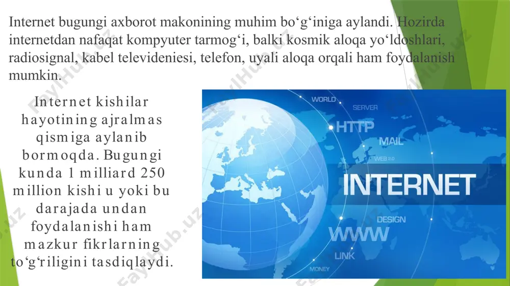larida 197 ta byurosiga ega. agentlik xabarlari bilan har kuni 1 milliard odam tanishadi. ushbu misollar ham bugungi kunda oav qamrov doirasining naqadar kengligini muayyan darajada tasavvur qilish imkonini beradi. kiberxavfsizlik bo‘yicha mustaqil ekspert tomas uayt myspace (mening makonim) ijtimoiy tarmog‘i foydalanuvchilari akkauntlarining 427 milliondan ortiq paroldan iborat ma'lumotlar bazasini chop etdi. ma'lumotlar hajmi 14 gbdan ortiqni tashkil qiladi. tadqiqotchi foydalanuvchilarga ularning profillari o‘tgan yili xakerlar hujumidan zarar ko‘rganmi yoki yo‘q - tekshirishni taklif qiladi. 2016 yilning may oyida yovuz niyatli kishilar ma'lumotlar bazasini internetning qora bozorida sotishga qaror qilishgan, shundan so‘ng myspace ma'muriyati barcha parollarni olib tashladi. manbaga ko‘ra, ijtimoiy tarmoq akkauntlarining ma'lumotlari hech qanday qiziqish uyg‘otmaydi, biroq foydalanuvchi barcha saytlarga nisbatan bitta parolni qo‘llagan bo‘lsa, bu ma'lumot tovlamachilarga boshqa servislarga ham kirish imkonini beradi. «myspace» ijtimoiy tarmog‘i o‘z foydalanuvchilarining 12 yillik (2003—2015-yillar) ma’lumotlarini yo‘qotib qo‘ydi. ijtimoiy tarmoq 2015-yilgacha joylangan barcha audio, video va fotofayllaridan ayrildi. taxminlarga ko‘ra, 14 …