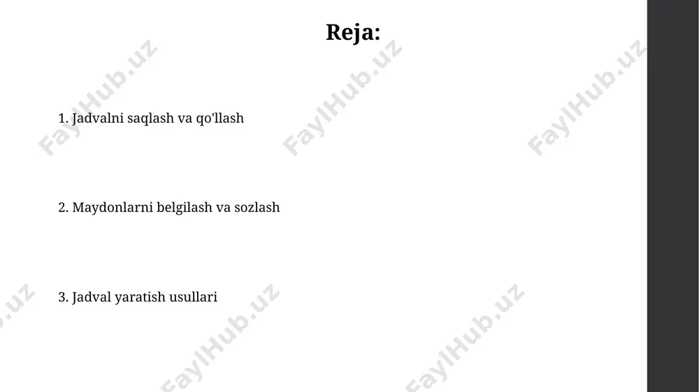 sida, birlamchi kalit (primary key) maydonini aniqlash ma’lumotlar yaxlitligini ta’minlash uchun muhimdir. bu maydon noyob qiymatlarga ega boʻlishi va jadvaldagi har bir yozuvni noyob ravishda aniqlashga xizmat qiladi ms access’da jadval yaratishda, ma’lumotlar turi (masalan, son, matn, sana/vaqt) tanlash juda muhim, chunki bu keyinchalik so’rovlar va hisobotlarni yaratishda samaradorlikka ta’sir qiladi va 255 ta belgidan ortiq matn saqlash uchun memo ma’lumotlar turini ishlatish mumkin. jadvalni saqlash va boshqarish birlamchi kalit (primary key) maydonini aniqlash jadvaldagi yozuvlarning noyobligi va ma'lumotlar yaxlitligini ta'minlashda kalit ahamiyatga ega bo'lib, bu indekslarni yaratish va tezkor ma'lumotlarga kirishni ta'minlaydi. jadvaldagi har bir maydon uchun uzunlikni (masalan, matn maydoni uchun 255 belgidan oshmasligi) belgilash ma'lumotlar bazasi hajmini boshqarish va samaradorligini oshirishda muhim rol o'ynaydi, bu ortiqcha xotira sarfini oldini oladi. jadval yaratish usullari jadvalga 1 dan ortiq maydon (field) qo'shish mumkin, har bir maydon ma'lumotlar turi (text, number, date/time va boshqalar) bilan aniqlanadi. kamida 1 ta kalit …