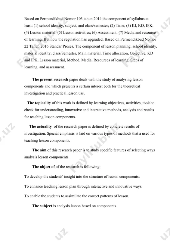 ion before teaching. harmer (2007, p.156) said that “for teachers plan gives the lesson a framework, an overall shape”. it means that lesson plan guiding teachers to convey the teaching-learning activities systematically based on what they have prepared in lesson plan. woodward (2009, p. 181) proposed several reasons why teachers should plan their courses and lessons. first, it can reduce uncertainty and panic feeling in delivering material. by planning the lesson, teachers may feel confidence and clarity during the activity in the classroom. second, it can inspire confidence in students who pick up a feeling of purpose, progression, and coherence. third, it can make teachers are easier in organizing the time and flowing the activities in classroom. fourth, teachers get a balanced mixture of different kinds of materials, content, and interaction types throughout the course. fifth, it can develop teachers’ personal style in teaching, and so forth and so on. …