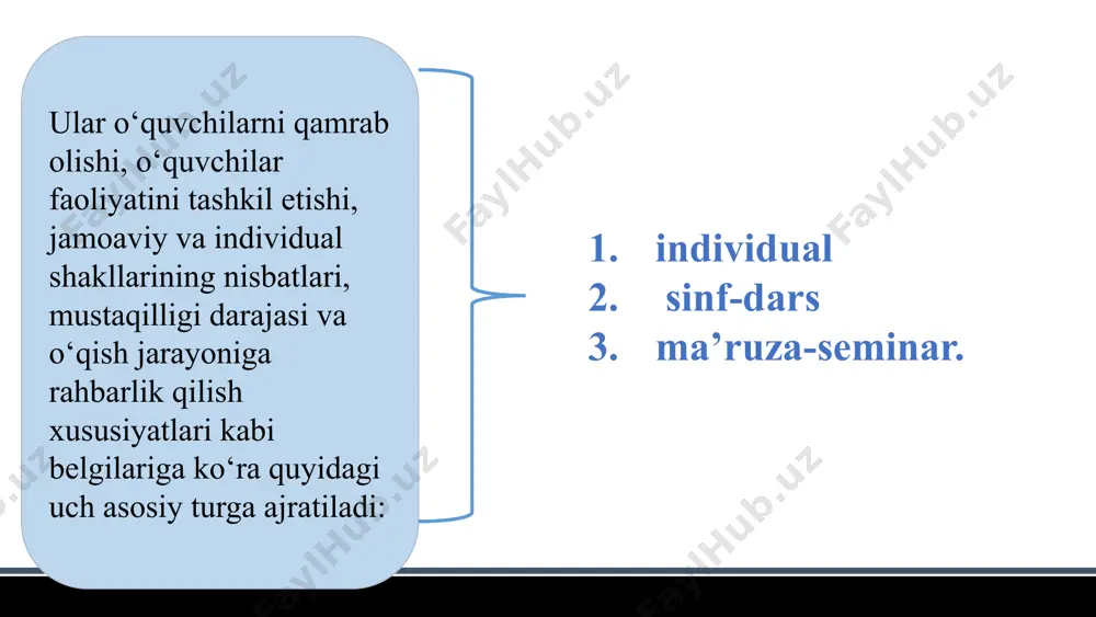 ikma va malakalarini nazorat qilish darsining tuzilishi: a) tashkiliy qism; b) o‘rganilganlarni umumiy tarzda takrorlash (yodga tushirish); v) nazorat ishini o‘tkazish; g) uy vazifasi (o‘rganilganlarni qayta takrorlash maqsadida). laboratoriya darslarining tuzilishi: a) tashkiliy qism; b) nazariy materiallarni mustahkamlash; c) laboratoriya ishini o‘tkazish; g) o‘quvchilarni baholash; d) uy vazifasi. amaliy darslarning tuzilishi: a) tashkiliy qism; b) nazariy materiallarni mustahkamlash; v) amaliy ish topshiriqlarini bajarish; g) o‘quvchilarni baholash; d) uy vazifasi. darsga qo‘yiladigan talablar. didaktik tarbiyaviy rivojlantiruvchi o’qituvchining darsga tayyorlanishi tashxislash bashoratlash rejalashtirish loyihalashtirish ta’limni tashkil etishning yordamchi shakllari mustaqil uy ishlari ekskursiyalar fakultativ va tanlov bo’yicha kurslar maslahat (konsultatsiya – o’quv suhbati) fan to’garaklari e’tiboringiz uchun rahmat! image1.png image2.png image3.png image4.png image5.png image6.png image7.png image8.png
