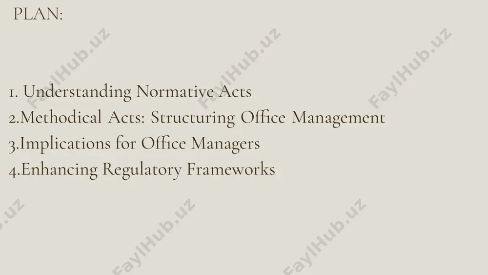 office management software and tools to improve efficiency and streamline processes. 2.remote work: with the rise of remote work, you may need to adapt policies and procedures to accommodate virtual teams. implications for office managers 3. flexibility and adaptability: be prepared to quickly pivot and adjust to changing circumstances, such as new health and safety regulations or shifts in company priorities. 4. communication skills: effective communication is key, especially in a remote or hybrid work environment. clear and frequent communication can help maintain team cohesion and productivity enhancing regulatory frameworks regulatory frameworks are legal mechanisms that exist on national and international levels. they can be mandatory and coercive (national laws and regulations, contractual obligations) or voluntary (integrity pacts, codes of conduct, arms control agreements). in conclusion, normative-methodical acts play a crucial role in regulating the work of an office manager. these acts provide a framework for ensuring compliance with legal …