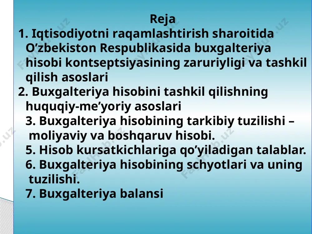ini maxsus hujjatlarda qayd etish; - maxsus hujjatlarda aks ettirilgan ma'lumotlarni umumlashtirish va guruhlashtirish, xo'jalik jarayonlari ustidan nazorat o'rnatish va ularga ta'sir etish. moliyaviy hisobning maqsadi axborotni tahlil qilish, tushuntirish va foydalanishdir. buxgalteriya hisobining tashkil qilishning me'yoriy manbalari quyidagilardan iborat: "buxgalteriya hisobi to'g'risida"gi qonuni (2016 yil 13 aprel) buxgalteriya hisobi milliy standarti (bhms) qonun 32 ta moddadan iborat bugungi kunda 24 ta bhms qabul qilingan "mahsulot (ish, xizmat) larni ishlab chiqarish va sotish xarajatlari tarkibi hamda moliyaviy natijalarni shaklllantirish tartibi to'g'risida" gi nizom (1999 yil 5 fevral 54-sonli) 2. buхgаltеriya hisоbini tаshkil qilishning huquqiy-mе’yoriy аsоslаri moliyaviy hisob qonun va qoidalariga rioya qilingan holda yuritiladigan buxgalteriya hisobining turidir. uning ma’lumotlaridan faqat subyektning rahbariyati tomonidan ichki maqsadlar uchungina foyda-lanilmay, bu ma’lumotlar subyektdan tashqaridagilarga ham foydalanish uchun taqdim etiladi. 3. buxgalteriya hisobining tarkibiy tuzilishi – moliyaviy va boshqaruv hisobi. boshqaruv hisobi bu tashkilotning maqsadlariga erishish uchun menejerlarga moliyaviy ma'lumotlarni aniqlash, o'lchash, tahlil qilish, …