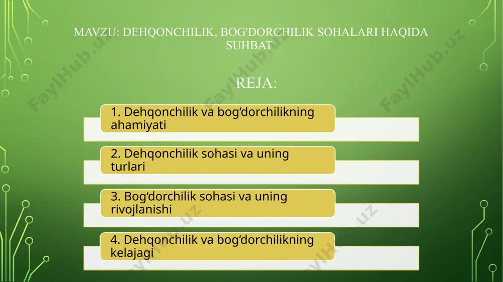 har bir hudud o‘ziga xos qishloq xo‘jaligi mahsulotlari bilan tanilgan (masalan, o‘zbekistonda anor, shaftoli, uzum, g‘alla yetishtirish). dehqonchilik va bog‘dorchilikning oziq-ovqat xavfsizligidagi o‘rni oziq-ovqat xavfsizligi har bir insonning sifatli va yetarli miqdorda oziq-ovqat mahsulotlariga ega bo‘lishini ta’minlashga qaratilgan muhim omillardan biridir. dehqonchilik va bog‘dorchilik ushbu xavfsizlikni ta’minlashda asosiy rol o‘ynaydi. 1. mahalliy oziq-ovqat mahsulotlarini yetkazib berish ✅ dehqonchilik va bog‘dorchilik asosiy oziq-ovqat manbai – don mahsulotlari, sabzavotlar, mevalar va dukkakli ekinlar insonning kunlik taomnomasini shakllantiradi. ✅ mustaqil ta’minot – o‘z mamlakatida yetishtirilgan mahsulotlar importga qaramlikni kamaytiradi va narxlarni barqaror saqlashga yordam beradi. ✅ oziq-ovqat mahsulotlari sifatini nazorat qilish – mahalliy fermerlar ekologik toza va sog‘lom mahsulotlarni yetishtirish orqali oziq-ovqat xavfsizligini ta’minlaydi. 2. sog‘lom ovqatlanishni ta’minlash ✅ tabiiy va foydali mahsulotlar – yangi uzilgan meva, sabzavot va don mahsulotlari inson organizmi uchun zarur vitamin va minerallarni beradi. ✅ kimyoviy vositalardan ehtiyotkorlik bilan foydalanish – organik dehqonchilik va bog‘dorchilik usullari sog‘lom oziq-ovqat …