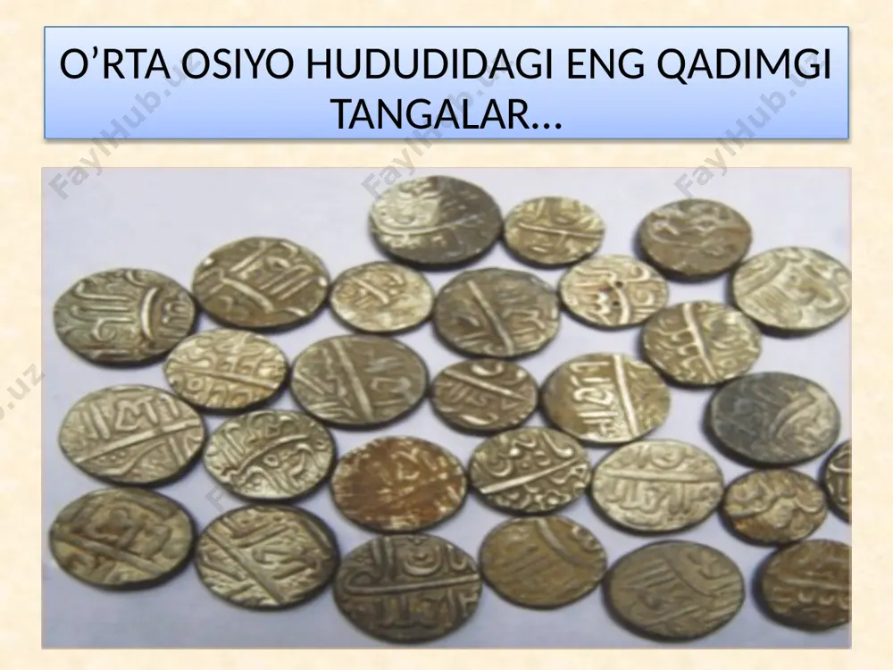 l. av. 124—88 yillar) va germey (mil. av. 75—55 yillar) tangalari kiradi. 8-asrning oʻrtalarida oʻrta osiyoda arablar hukmronligi boshlanganidan soʻng savdo muomalasini amalga oshirish uchun vazni 4,3 g boʻlgan oltin dinor, maosh va soliqlar toʻlovi uchun vazni 2,8 g . boʻlgan kumush dirhamlar va kundalik savdo-sotiq uchun mis tangalar fuluslar zarb etilib, muomalaga chiqarilgan. amir temur davrida samarqandda tangalar zarb etiladigan maxsus zarbxonalar tashkil etilgan, birinchi marta turkiy nom, yaʼni "tanga" deb atalgan, vazni 4,5—4,7 g boʻlgan kumush tangalar, vazni 2 g ni tashkil etgan oltin dinorlar va vazni 1,8 g boʻlgan va kumushdan tayyorlangan mirilar zarb etila boshlagan. amir temur mis fulusi. samarqand, 1383 y., ogʻirligi 4, 132 g . amir temur va sulton mahmud kumush miri, 1388 y., ogʻirligi 1,59 g . 3. sulton shoxruh kumush tangasi, samarkand. 1435 y., ogʻirligi 5,06 g . 19-asrning 2yarmida xiva, buxoro, qoʻqon xonliklarida oltindan "tilla", kumushdan "tanga", misdan "pul" (chaqa) deb …
