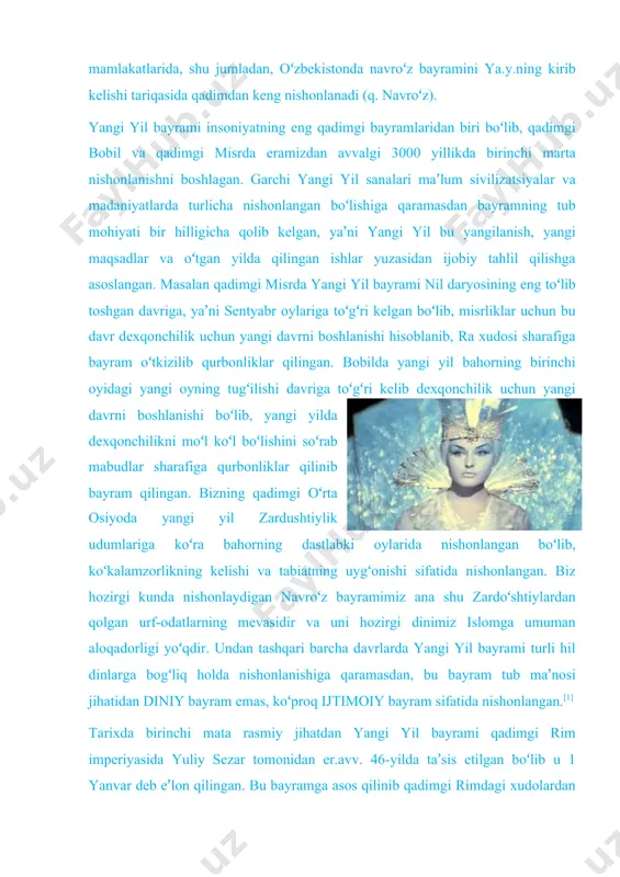 angi maqsadlar va oʻtgan yilda qilingan ishlar yuzasidan ijobiy tahlil qilishga asoslangan. masalan qadimgi misrda yangi yil bayrami nil daryosining eng toʻlib toshgan davriga, yaʼni sentyabr oylariga toʻgʻri kelgan boʻlib, misrliklar uchun bu davr dexqonchilik uchun yangi davrni boshlanishi hisoblanib, ra xudosi sharafiga bayram oʻtkizilib qurbonliklar qilingan. bobilda yangi yil bahorning birinchi oyidagi yangi oyning tugʻilishi davriga toʻgʻri kelib dexqonchilik uchun yangi davrni boshlanishi boʻlib, yangi yilda dexqonchilikni moʻl koʻl boʻlishini soʻrab mabudlar sharafiga qurbonliklar qilinib bayram qilingan. bizning qadimgi oʻrta osiyoda yangi yil zardushtiylik udumlariga koʻra bahorning dastlabki oylarida nishonlangan boʻlib, koʻkalamzorlikning kelishi va tabiatning uygʻonishi sifatida nishonlangan. biz hozirgi kunda nishonlaydigan navroʻz bayramimiz ana shu zardoʻshtiylardan qolgan urf-odatlarning mevasidir va uni hozirgi dinimiz islomga umuman aloqadorligi yoʻqdir. undan tashqari barcha davrlarda yangi yil bayrami turli hil dinlarga bogʻliq holda nishonlanishiga qaramasdan, bu bayram tub maʼnosi jihatidan diniy bayram emas, koʻproq ijtimoiy bayram sifatida nishonlangan.[1] tarixda birinchi mata rasmiy …