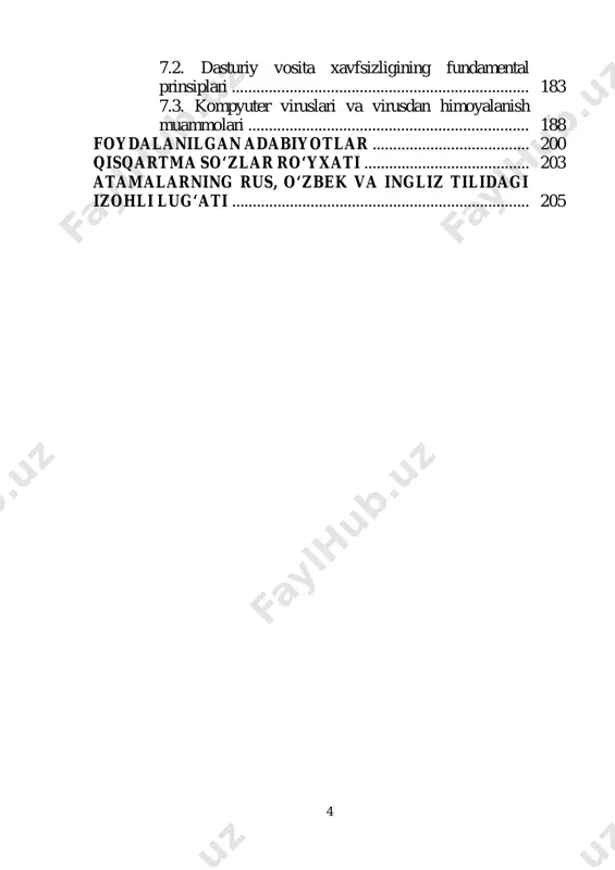 larda o‘zbekiston respublikasini yanada rivojlantirish bo‘yicha harakatlar strategiyasida vazifalar belgilab olindi, shular qatorida «...axborot xavfsizligini ta’minlash va axborotni himoya qilish tizimini takomillashtirish, axborot sohasidagi tahdidlarga o‘z vaqtida va munosib qarshilik ko‘rsatish» va kiberjinoyatchilikni fosh etish masalalariga alohida e’tibor qaratilgan. bundan tashqari, “ilm, ma’rifat va raqamli iqtisodiyotni rivojlantirish yilida amalga oshirishga oid davlat dasturi to‘g‘risida”gi o‘zbekiston prezidenti farmonida “2020 yil 1 sentyabrga qadar kiberxavfsizlikka doir milliy strategiya va qonun loyihasi ishlab chiqish” vazifalari belgilangan. bu vazifalarni amalga oshirishda kiberxavfsizlik sohasiga oid o‘quv qo‘llanmalarini ishlab chiqish ham e’tibor berish kerak bo‘lgan muhim jihatlardan hisoblanadi. qo‘llanmaning birinchi bobida kiberxavfsizlik asoslari fani sohasining vazifalari va asosiy tushunchalari, uning qo‘llanilish sohasi hamda kiberxavfsizlikda inson omili masalalari ko‘rib chiqilgan. kiberxavfsizlikning bilim sohalari, kiberxavfsizlik va axborot xavfsizligi tushunchalari o‘rtasidagi farq misollar asosida keltirilgan. shuningdek, kiberjinoyatchilik, kiberhuquq va kiberetika masalalariga to‘xtalib o‘tilib, kiberjinoyatchilik uchun tayinlangan jazo turlari haqida ma’lumotlar keltirilgan. 6 ikkinchi bob kiberxavfsizlikning fundamental masalalariga bag‘ishlangan, hamda …