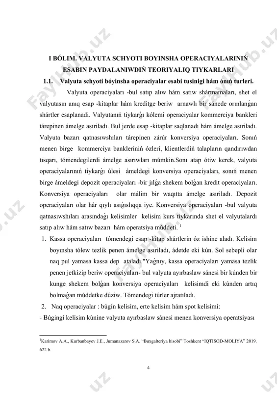 olar naq pul yamasa kassa dep ataladı."yaǵnıy, kassa operaciyaları yamasa tezlik penen jetkizip beriw operaciyaları- bul valyuta ayırbaslaw sánesi bir kúnden bir kunge shekem bolǵan konversiya operaciyaları kelisimdi eki kúnden artıq bolmaǵan múddetke dúziw. tómendegi túrler ajratıladı. 2. naq operaciyalar : búgin kelisim, erte kelisim hám spot kelisimi: - búgingi kelisim kúnine valyuta ayırbaslaw sánesi menen konversiya operatsiyası kelisim dúziw. - ertengi kelisim-valyuta kúni menen konversiya operatsiyası tutqınǵa alıwqa alınǵan kúnden keyingi jumıs kúni. - spot kelisimi-valyuta sánesi bolmaǵan konversiya operatsiyası kelisim dúzilgen kúnden keyingi ekinshi jumıs kúninen keshlew ". naq kelisimlerdiń maqseti: -klientler atınan valyuta satıp alıw - olardıń esabınan yuridikalıq hám fizikalıq shaxslar ; -ashıq limitge ámel qılıw valyuta pozitsiyasi; -kerekli qaldıqlardı saqlaw wákillik esapbetleri; -valyuta qatnasıwshılarınıń spekulyativ operaciyaları bazar. " múddetli valyuta operaciyaları -bul valyuta ayırbaslaw operaciyaları aldınan kelisim kurs, búgin dúzilgen, biraq keshiktirilgan keleshekte málim bir múddet valyuta sánesi. yaǵnıy, asıǵıs valyuta operaciyaları qatnasıwshılar arasında shártnama …