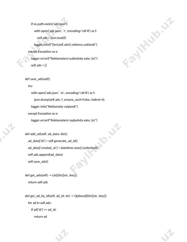 videos, 'users': self.users, 'required_channels': self.required_channels } with open(self.filename, 'w', encoding='utf-8') as f: json.dump(data_to_save, f, ensure_ascii=false, indent=4) except exception as e: logger.error(f"ma'lumotlarni saqlashda xatolik: {e}") def add_user(self, user_id: int, user_data: dict): user_id_str = str(user_id) if user_id_str not in self.users: self.users[user_id_str] = { 'id': user_id, 'username': user_data.get('username'), 'full_name': user_data.get('full_name'), 'joined_date': datetime.now().isoformat(), 'video_count': 0, 'settings': {} } self.save_data() def add_video(self, code: str, data: dict): self.videos[code] = data self.save_data() logger.info(f"yangi video qo'shildi: {code}") def delete_video(self, code: str) -> bool: if code in self.videos: del self.videos[code] self.save_data() logger.info(f"video o'chirildi: {code}") return true return false def generate_unique_token(self, length: int = 8) -> str: while true: # faqat harflar va raqamlar ishlatiladi, kichik harflar token = ''.join(secrets.choice(string.ascii_uppercase + string.digits) for _ in range(length)) if token not in self.videos: return token def get_new_users_count(self, hours: int = 24) -> int: count = 0 time_threshold = datetime.now() - timedelta(hours=hours) for user_data in self.users.values(): try: joined_date = datetime.fromisoformat(user_data.get('joined_date', '')) if joined_date …