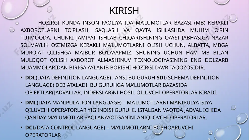 ardan foydalanib so‘rovlar yaratish. 1. 4. 2. 5. 3. 6. 7. 8. 9. 11-laboratoriya ishi agrеgat funksiyalardan foydalanish. 1. 4. 2. 3. 5. 6. 7. 9. 10 12. 11 13. 12-laboratoriya ishi bir nеchta jadvallar birlashtirish, joinlar bilan ishlash. 1. 2. 3. 13-laboyatoriya ishi murakkab so‘rovlar yaratish. top, limit yoki rownum. 4. 2. 3. image2.png image3.png image4.png image5.png image6.png image7.png image8.png image9.png image10.png image11.png image12.png image13.png image14.png image15.png image16.png image17.png image18.png image19.png image20.png image21.png image22.png image23.png image24.png image25.png image26.png image27.png image28.png image29.png image30.png image31.png image32.png image33.png image34.png image35.png image36.png image37.png image38.png image39.png image40.png image41.png image42.png image43.png image44.png image45.png image46.png image47.png image48.png image49.png image50.png image51.png image52.png image53.png image54.png image55.png image56.png image57.png image58.png image59.png image60.png image61.png image62.png image63.png image64.png image65.png image66.png image67.png image68.png image69.png image1.png /docprops/thumbnail.jpeg
