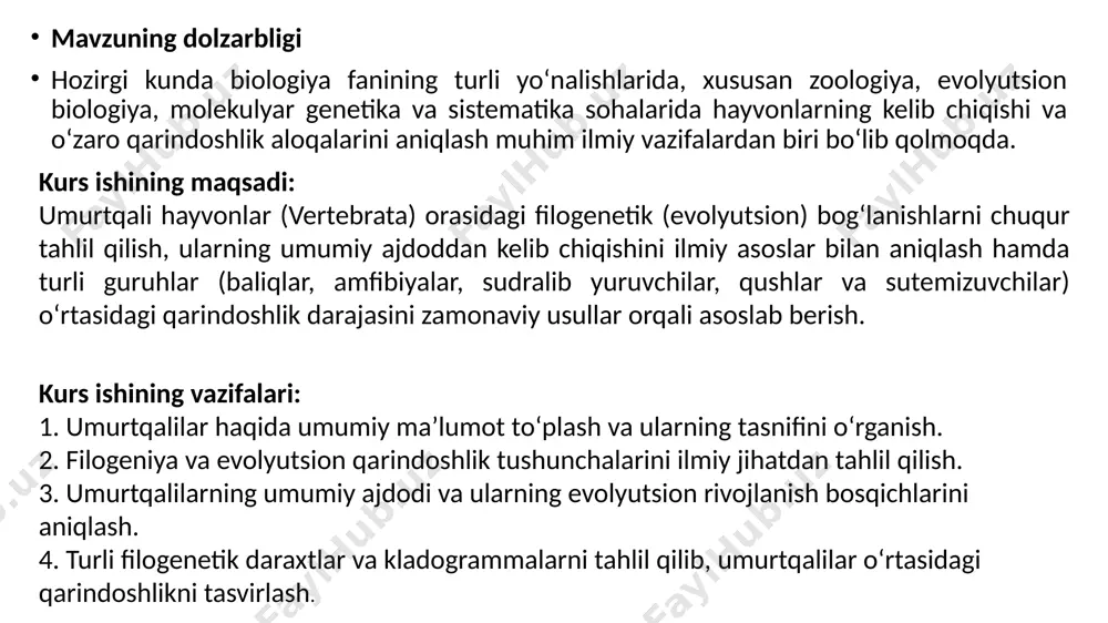 da bu munosabatlar grafik shaklda aniq ifodalanadi.molekulyar-genetik tahlil usuli — hozirgi zamonaviy biologiyada eng aniq va ishonchli usul hisoblanib, umurtqalilar orasidagi filogenetik aloqalarni aniqlashda muhim vositaga aylangan. dnk, rnk va oqsillarning taqqoslanishi turlar o‘rtasidagi qarindoshlik darajasini yuqori aniqlikda ko‘rsatadi va evolyutsion taraqqiyot yo‘nalishlarini aniq tasvirlab beradi glossariy: umurtqalilar (vertebrata) – ichki skelet, umurtqa pog'onasi va markaziy asab tizimiga ega xordalilar guruhi. xordalilar (chordata) – rivojlanish bosqichida xorda ,orqa nerv naychasi, va dumga ega hayvonlar tipi. filogeniya – tirik organizmlarning kelib chiqishi va evolyutsion rivojlanishi haqidagi fan. .evolyutsiya – tirik organizmlarning uzoq muddatli tarixiy o‘zgarishi va rivojlanish jarayoni. ajdod – ma’lum bir organizmlar guruhi kelib chiqqan qadimgi umumiy avlod yoki forma. fosil – qadim zamonlardagi organizmlarning toshga aylangan yoki saqlanib qolgan qoldiqlari. jag‘sizlar (agnatha) – jag‘ tuzilmasiga ega bo‘lmagan eng qadimgi umurtqalilar guruhi. jag‘lilar (gnathostomata) – jag‘ va juft qanotlarga ega umurtqalilar guruhi. . cho‘l baliqlari (sarkopterygii) – kurakko‘rinshli suzgichlarga ega …
