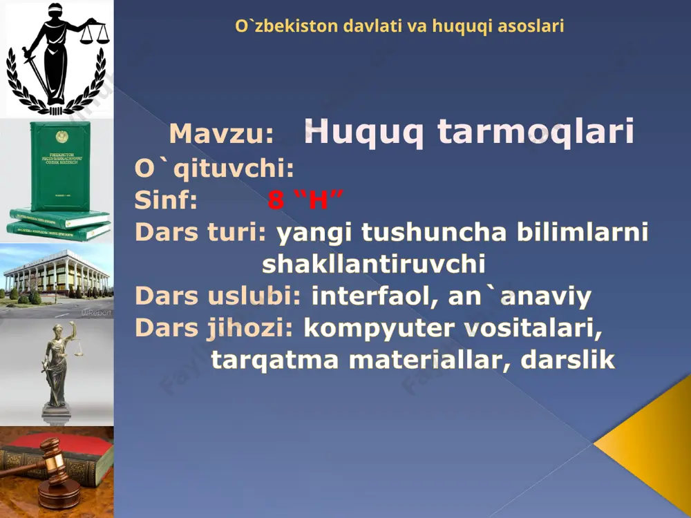 g huquq va erkinliklarini ta'- minlash uchun ma'lum bir huquq tizimi zarur. qaysi huquq normasini qaysi obyektga nisbatan ishlatish lozimligini aniqlashtirish uchun ularni turlarga ajratish lozim. huquq tizimi, avvalambor huquq tarmoqlari (sohalari) deb nomlanuvchi alohida tarmoqlarga ajratiladi. bunda, davlatdagi ijtimoiy munosabatlarning xilma-xilligi e'tiborga olinadi. 7 o`zbekiston davlati va huquqi asoslari huquq tarmoqlari yangi mavzu bayoni mehnat huquqi sohasi tomonidan -- korxonalar, tashkilotlar va ularning xodimlari o'rtasidagi mehnat munosabatlari tartibga solinadi. fuqarolik huquq sohasi -- mulk bilan aloqador hamda nomulkiy muno- sabatlar tartibga solinadi. 9 o`zbekiston davlati va huquqi asoslari huquq tarmoqlari yangi mavzu bayoni oila huquq sohasi – oiladagi, oila va nikoh bilan bog‘liq munosabatlar tartibga solinadi. ekologiya huquq sohasi -- tabiatni muhofaza qilish jarayonida yuzaga keladigan munosabatlar tartibga solinadi. jinoyat huquq sohasi – qanday xatti-harakatlar jamiyat uchun xavfi ekanligini, ularni sodir etganlar qanday jazolanishi va bu borada yuzaga keladigan barcha munosabatlar tartibga solinadi. 10 o`zbekiston davlati va huquqi asoslari …