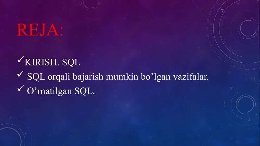 guage) deb ataladi. bu guruhga ma'lumotlar bazasida ob'ektlar(jadvallar, indekslar)ni hosil qiluvchi operatorlar kiradi. dml(data manipulation language) – ma'lumotlarni manipulyatsiya qiluvchi operatorlar yig'indisi guruhi. istalgan vaqtda jadval ichida qanday ma'lumotlar saqlanayotganini aniqlovchi operatorlar. dcl(data control language) – ma'lumotlarni boshqaruvchi operatorlar. sql operatori ma'lumotlarni manipulyatsiya qilish operatorlari guruhiga kiradi ( ma'lumotlarni manipulyatsiya qilish tili, dml) va ma'lumotlar bazasidan ma'lumotlarni olish uchun xizmat qiladi. ushbu jarayonga kiritilgan turli xil tarkibiy qismlar mavjud: so’rov dispetcheri. optimallashtirish dvigatellari. klassik so’rovlar mexanizmi. sql so’rov mexanizmi va boshqalar. klassik so’rovlar tizimi - sql bo’lmagan barcha so’rovlarni bajaradi, lekin sql so’rov mexanizmi mantiqiy fayllarni ishlay olmaydi. sql arxitekturasini ko’rsatadigan diagramma: sql ma'lumotlar bazasini yaratishda va boshqarishda, shuningdek ma'lumotlar bilan har qanday harakatlarni amalga oshirishda eng keng tarqalgan dasturiy tillaridan biridir. amaliyot shuni ko'rsatadiki, ingliz tilining standart lug'atini o'rganish va o'rganish juda oson. boshqa biron bir dasturlash tilida bo'lgani kabi, sql o'z mantiqiy va sintaksisini o'z ichiga oladi, ularni …