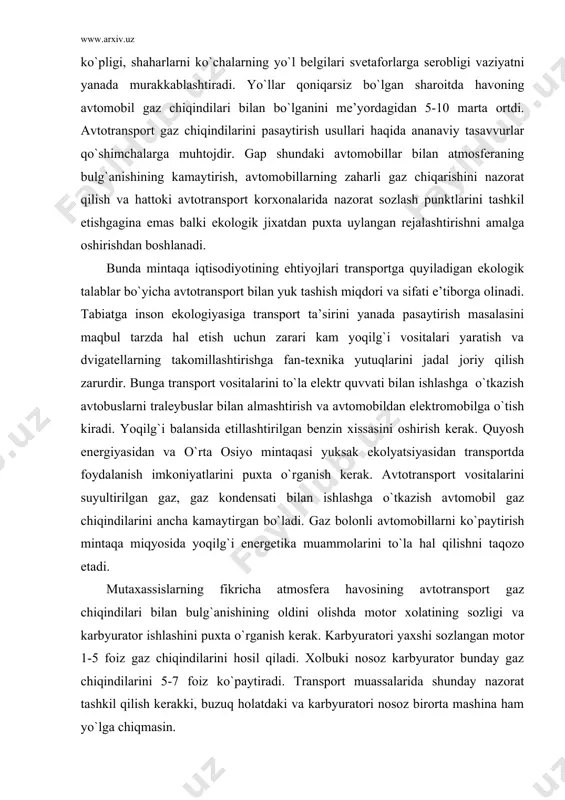 hlashini puxta o`rganish kerak. karbyuratori yaxshi sozlangan motor 1-5 foiz gaz chiqindilarini hosil qiladi. xolbuki nosoz karbyurator bunday gaz chiqindilarini 5-7 foiz ko`paytiradi. transport muassalarida shunday nazorat tashkil qilish kerakki, buzuq holatdaki va karbyuratori nosoz birorta mashina ham yo`lga chiqmasin. mamlakatimizda avtomobil parkining texnik xolatini baxolash shuni ko1rsatdiki zaharli gaz chiqindilari belgisi bo`yicha avtomobillarning faqat 10 foizi soz holatdadir. mamlakatning hozirgi iqtisodiy rivojlanish bosqichida mavjud ijtimoiy gigiyenik va ilmiy texnik muammolarni samarali yo`lga solish uchun mintaqa ilmiy va transport muassasalarining say harakatlarini muvofiqlashtirish darkor. xii.mavzu: mintaqa biosferasiga bo`lgan antropogen ta’sir dinamikasi. reja 1. antropogen ta’sir va ularning turlari. 2. aholi salomatligi va ekologiyaga sanoatning ta’siri. 3. qurilish materiallari korxonalari tomonidan havo ifloslanishining ijtimoiy va ekologik jihatlari. 4. tabiatga va inson ekologiyasiga transportning ta’siri va bu ta’sir kuchlarini pasaytirish vositalarini ishlab chiqarish muammolari. mintaqa biosferasiga bo`lgan antropogen ta’sir dinamikasi. antropogen ta’sir ekologik omilalr yig`indisi bo`lib, uning asosida in[sonning xo`jalik faoliyati turadi. …
