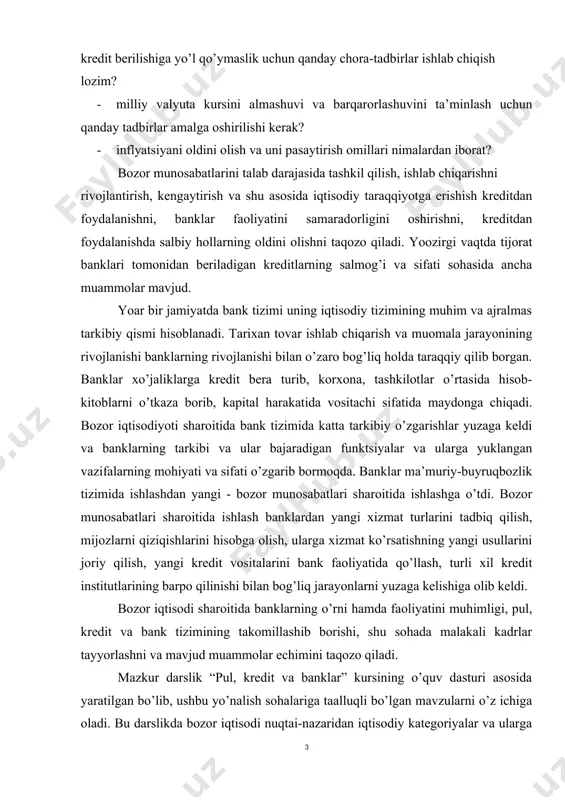 yatida qo’llash, turli xil kredit institutlarining barpo qilinishi bilan bog’liq jarayonlarni yuzaga kelishiga olib keldi. bozor iqtisodi sharoitida banklarning o’rni hamda faoliyatini muhimligi, pul, kredit va bank tizimining takomillashib borishi, shu sohada malakali kadrlar tayyorlashni va mavjud muammolar echimini taqozo qiladi. mazkur darslik “pul, kredit va banklar” kursining o’quv dasturi asosida yaratilgan bo’lib, ushbu yo’nalish sohalariga taalluqli bo’lgan mavzularni o’z ichiga oladi. bu darslikda bozor iqtisodi nuqtai-nazaridan iqtisodiy kategoriyalar va ularga taallluqli bo’lgan masalalar ko’rib chiqildi. bu kurs iqtisodiy fanlarni aniq mustaqil yo’nalishlaridan bo’lib, ishlab chiqarish munosabatlarining maxsus bo’limi - pul, kredit, banklar birjalar bilan bog’liq sohalardagi iqtisodiy munosabatlarning ifodasini o’zida aks ettiradi. darslik umumiqtisodiy nazariya ta’limotlari, xorijiy olimlarning tadqiqotlarini e’tiborga olgan holda tadqiqot qilish asosida yaratilgan. darslikda bozor iqtisodiyoti sharoitida pul muomalasi va kreditning rivojlanish qonuniyatlari, asosiy tamoyillari, banklar va bank operatsiyalarining olib borilishi va valyuta tizimini rivojlanish bosqichlari kabi masalalar o’z ifodasini topgan. 1. bozor iqtisodiyoti sharoitida banklarning …