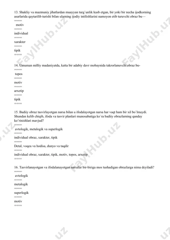 ti nima deyiladi? ==== subyеktiv ibtido ==== badiiy to’qima ==== ijod jarayoni ==== obyektiv ibtido ++++ 26. asarda tasvirlanayotgan hayot matеriali nima? ==== tema ==== problema ==== g’oya ==== tendensiya ++++ 27. ijodkorni muayyan muammolar o`ylatadi, tashvishga soladi. ijodkor o`sha muammoni idrok etishga intilishi ichki ehtiyojga nima deyiladi? ==== problema ==== g’oya ==== tendensiya ==== tema ++++ 28. tasvirlanayotgan voqеa-hodisalarga muallifning g`oyaviy-hissiy munosabati nima vositasida ifodalaniladi? ==== obrazlar sistеmasi ==== syujetda ==== muallif mushohadalarida ==== muallif xarakteristikasida ++++ 29.tasvirlanayotgan voqеa-hodisalarga muallifning g`oyaviy-hissiy munosabati, problеmatikaning badiiy idrok etilishi va baholanishi nima dеyiladi? ==== tendensiya ==== tema ==== problema ==== g’oya ++++ 30. mavzuni badiiy tadqiq uchun olingan hayot matеriali dеb olsak, u holda ayni shu matеrialni uyushtirish shakl unsurlaridan qaysi birining zimmasiga tushadi? ==== syujetning ==== kompozitsiyaning ==== til birliklarining ==== g’oyaning ++++ 31. muallifni o`ylatgan problеma asar shakl unsurlaridan nimada o`z aksini topadi? ==== konfliktda ==== syujetda ==== g’oyada ==== …