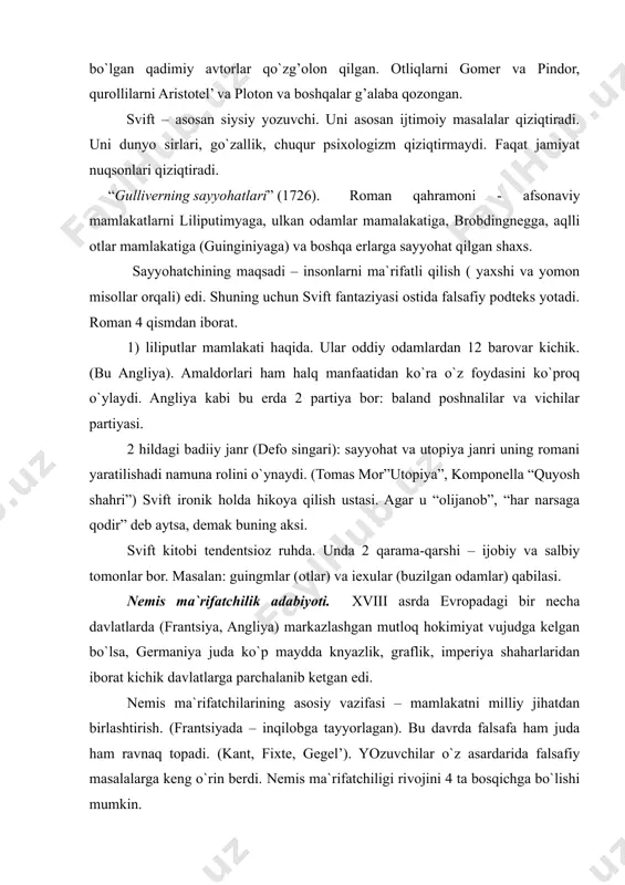 ni 4 ta bosqichga bo`lishi mumkin. 1) 20-30 yil adabiyotda kllassitsizm hukmronlik qilar edi. (o`tmishimizga murojaat qilish) 2) 60-yillar – bu davrda tasvirlashning realistik uslubi asaoiy bo`ladi. ma`rifatchilik harakati boshchisi – lessing. 3) 70 va 80 yillar yarmi(«bo`ron va tazyiq») buni kuchli va olijanob qahramonlar amalga oshirishi mumkin. (shunday fikrlarni getening «gets fan berlixingen» va shillerning «qaroqchilar» dramalarida ham kuzatish mumkin). shtyurmerlar nazariyotchisi bo`lib gerder (1744-1803) edi. u birinchilardan bo`lib adabiyotda milliy kuchlarning millat rivojlanishining aks etishini aniq sistemali holda e`tirof etdi. u badiiy adabiyot xalqchilligi tushinchasini kashf etdi. (shundan beri bu termin ishlatilmoqda). ungacha ham xalq ijodiy o`rganishni umumxalq ishi deb bildi, unga falsafiy ko`z bilan tahlil qildi. sheller (1759-1805). marbah shaharchasida tug’ildi. harbiy akademiyaning meditsina faku’tetini tugatdi. o`sha paytdayoq she`riyat bilan qiziqdi. 1981 yilda «qaroqchilar»ni yozadi. u sshramay ketganligi (spektakl’ sahnalashtirish) uchun gauptvaxtada o`tirib chiqadi. (shahzoda karl evgeniy) 1782 yil bu geruochlikdan chiqib ketadi. germaniya bo`ylab yuradi. 1795 …