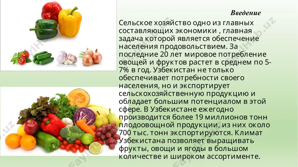 родукции составил 1 485,0 тыс. т и, превысил 1 008,6 млн. долл. сша (темпы снижения 2019 году составили 16,5%). на основе этого было экспортировано 768,3 тыс. т овощей на сумму 400,0 млн. долл. сша, а также 402,3 тыс. т плодов и ягод на сумму 353,9 млн. долл. сша (темпы снижения в стоимостном выражении, по сравнению с аналогичным периодом 2019 года, составили 15,1% и 13,0%). факторы экономической эффективности с/х при характеристике экономической эффективности сельско-хозяйственного производства используется система натуральных и стоимостных показателей. натуральные: урожайность сельскохозяйственных культур, продуктивность и др. натуральные показатели являются базой для расчета стоимостных показателей : валовой и товарной продукции, валового и чистого дохода, прибыли и рентабельности производства. натуральные урожайность продуктивность вп чд прибыль рентабельность общества производственный кооператив виды предприятий акционерное общество унитарное предприятие ещё одним фактором повышения производительности в сельском хозяйстве служат проводимые ярмарки и выставки. ярким примером этого можно сказать проведённая в берлине (германия, 18-27-янв. 2019г.) международная выставка …