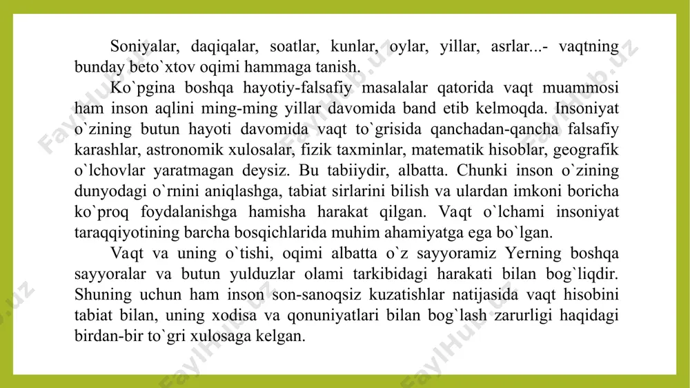 bo`lgan. bu tabiiy o`lchov birligi quyoshning chiqishhidan botishigacha bo`lgan vaqtni o`z ichiga olmay, balki u kun va tundan iborat bo`ladi. yer o`z o`qi atrofida g`arbdan sharqqa qarab tinimsiz aylanib turadi. bu aylanish davomida quyosh nuri shar shaklidagi yerning yarminigina yorita oladi, ya`ni yerning qaragan tomonigagina nur tushadi. demak, yer sharining quyosh yoritib turgan tomonida o`sha paytda kunduzi va qarama-qarshi, quyosh yoritmayotgan tomonida esa kechasi, tun bo`ladi. kunduzi bilan kechasi birgalikda haqiqiy quyosh kunini (sutkani) tashkil etadi. quyosh kuni - ikkita bir xil quyosh kulminatsiyasi o`rtasidagi vaqtdir. kun 24 soatdan iboratdir. kunni bunday 24 soatga bo`lish dajla va frot daryolari vodiysiga joylashgan qadimgi bobildan boshlangan. ikki daryo oralig`idagi qadimgi bobil, shumer, akkad kabi mamlakatlar va qadimgi misr umuman insoniyat madaniyatining–dehqonchilik, chorvachilik, kuruvchilik, binoqorlikning ham va ana shu hayotiy extiyojlar zaminida paydo bo`lgan matematika, geometriya, astronomiya, chizmakashlik kabi ko`pgina fanlarning ham beshigi bo`lgan. bu vodiyda, uning geografik joylashuviga bog`liq xolda, kun butun …