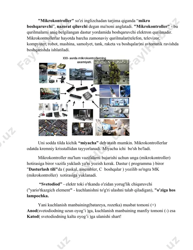 sin. avval 1-chi, keyin 2-chi va hokazo. bitta svetodiod yonganda qolganlari o’chiq holatda bo’lsin. uyga vazifa. 1-uyga vazifa. sakkizta svetodiodli qatorda bitta svetodiodli yuruvchi olovning u yoqdan bu yoqqa yugurib yurishi. 2-uyga vazifa. sakkizta svetodiodli qatorda 3ta svetodiodli yuruvchi olovning u yoqdan bu yoqqa yugurib yurishi. 3-uyga vazifa. svetodiodlarning davriy ketma-ket yonishi va o’chishini tashkil qilish. 4-uyga vazifa. markazdan chetga qarab yuruvchi olov. 5-uyga vazifa. ikki chetdan markazga qarab yuruvchi olov. 6-uyga vazifa. sakkizta svetodiodli qatorda bitta svetodiodli yuruvchi olov 8-chisiga borib, 8-chisini yoniq qoldirib yana orqaga qaytib 7-chisini yoniq qoldirib .........to’ldirib borish. image7.png image8.png image9.png image10.png image11.png image12.png image13.png image14.png image15.png image16.png image17.png image18.png image19.png image20.png image21.png image22.png image23.png image24.png image25.png image26.png image27.png image28.png image29.png image30.png image1.png image2.png image3.png image4.png image5.png image6.png