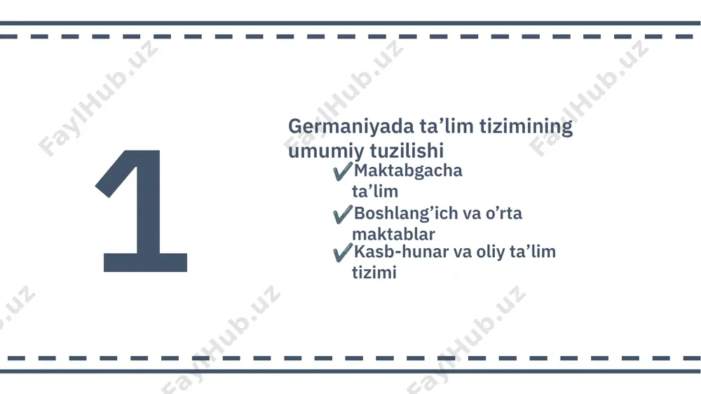 alaka. 2 germaniya ta’lim tiziming xususiyatlari dual ta'lim tizimi (nazariya + amaliyot) davlat va xususiy maktablar o'rtasidagi farqlar ta'limdagi intizom va sifat nazorati dual ta'lim tizimi (nazariya + amaliyot) 2: dual tizimda o‘qish ikki joyda amalga oshiriladi: •nazariy ta’lim — oliy o‘quv yurtida (odatda fachhochschule yoki dual universitetlar). •amaliyot — korxona yoki tashkilotda ishlash orqali. . ish tajribasi — talabalar o‘qish davridayoq haqiqiy ish tajribasiga ega bo‘lishadi. •oylik stipendiya/maosh — amaliyot davomida talabalar korxonalardan maosh olishadi. •o‘qishni tugatgach ishga joylashish oson — ko‘p holatda, talaba o‘qigan korxona uni keyinchalik ishga oladi. •nazariya va amaliyot uyg‘unligi — o‘qilgan bilimlar darhol amaliyotda sinovdan o‘tkazilad tizimning mohiyati kimlar uchun? afzalliklari oʻqitish davomiyligi qabul talablari 2 ta’limdagi intizom va sifat nazorati sifat nazorati akkreditatsiya agentliklari (masalan, aqas, fibaa) oliy o‘quv yurtlari va dasturlarini baholaydi va sertifikat beradi. •har bir fakultet yoki ta’lim dasturi ma’lum vaqtda qayta baholanishi lozim. •federal va yerli ta’lim vazirliklari ta’lim …