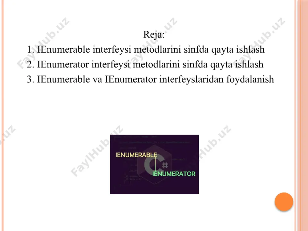 ator deb nomlangan usul mavjudligini ko'rdik. demak, ienumerable interfeysi bitta usulga ega. getenumerator - bu ienumerator interfeysini qaytaradi. oldindan sintaksisni yoqish uchun ienuremable va ienumeratorni to’plamlar sinflarida qo’llash eng yaxshi amaliyotdir, ammo ienumerable dasturini amalga oshirish shart emas. visual basicdan foydalanishda getenumerator dasturini taqdim etish kerak. ienumerable interfeysiga quyidagi misolni ko’rib chiqamiz: using system; using system.collections; namespace masala { class hafta : ienumerable { string[] kunlar = { "dushanba", "seshanba", "chorshanba", "payshanba", "juma", "shanba", "yakshanba" }; public ienumerator getenumerator() { return kunlar.getenumerator(); } } class program { static void main(string[] args) { hafta hafta = new hafta(); foreach(var kun in hafta) { console.writeline(kun); } console.read(); } } } natija: bu misolimizda haftani aks ettiruvchi va haftaning barcha kunlarini saqlaydigan hafta sinfi ienumerable interfeysini amalga oshiradi. foreach sikli yordamida takrorlanishni kiritdik. natijada haftaning barcha kunlarini chiqarib berdi. lekin bu juda sodda misol hisoblanadi. ienumerator dasturini ishlatish o’rniga getenumerator usulidagi ienumerator obyektini …