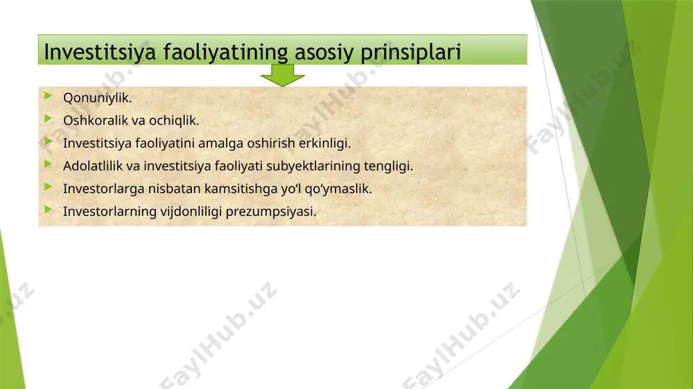itsiyalarini va tavakkalchiliklarini sug‘urtalash ixtiyoriy asosda amalga oshiriladi investitsiyalarni rekvizitsiya va ekspropriatsiya qilish to‘g‘risidagi qaror rekvizitsiya yoki ekspropriatsiya qilishning quyidagi talablariga rioya qilingan taqdirda o‘zbekiston respublikasi vazirlar mahkamasi tomonidan qabul qilinadi investitsiyalarni himoya qilish investitsiya faoliyatini davlat tomonidan tartibga solish usullari va vakolatli davlat organlari investitsiya faoliyatini davlat tomonidan tartibga solish quyidagilar orqali amalga oshiriladi: investitsiya faoliyatining normativ-huquqiy bazasini takomillashtirish investitsiya faoliyatini rivojlantirish uchun qulay shart-sharoitlar yaratish va o‘zbekiston respublikasi hukumatining kafolatlarini taqdim etish asosiy fondlarni tezlashtirilgan amortizatsiya qilish huquqini berish texnik jihatdan tartibga solish normalari, qoidalari va talablarini belgilash raqobatni qo‘llab-quvvatlash choralarini qo‘llash yer uchastkalariga bo‘lgan huquqlarni amalga oshirish, shuningdek boshqa tabiiy resurslarga egalik qilish va ulardan foydalanish shartlarini belgilash investitsiya faoliyatini davlat tomonidan tartibga solish usullari va vakolatli davlat organlari o‘zbekiston respublikasi investitsiyalar va tashqi savdo vazirligi investitsiyalarni va investitsiya faoliyatini davlat tomonidan tartibga solish sohasidagi vakolatli davlat organidir investitsiyalarni va investitsiya faoliyatini davlat tomonidan tartibga solish sohasidagi …