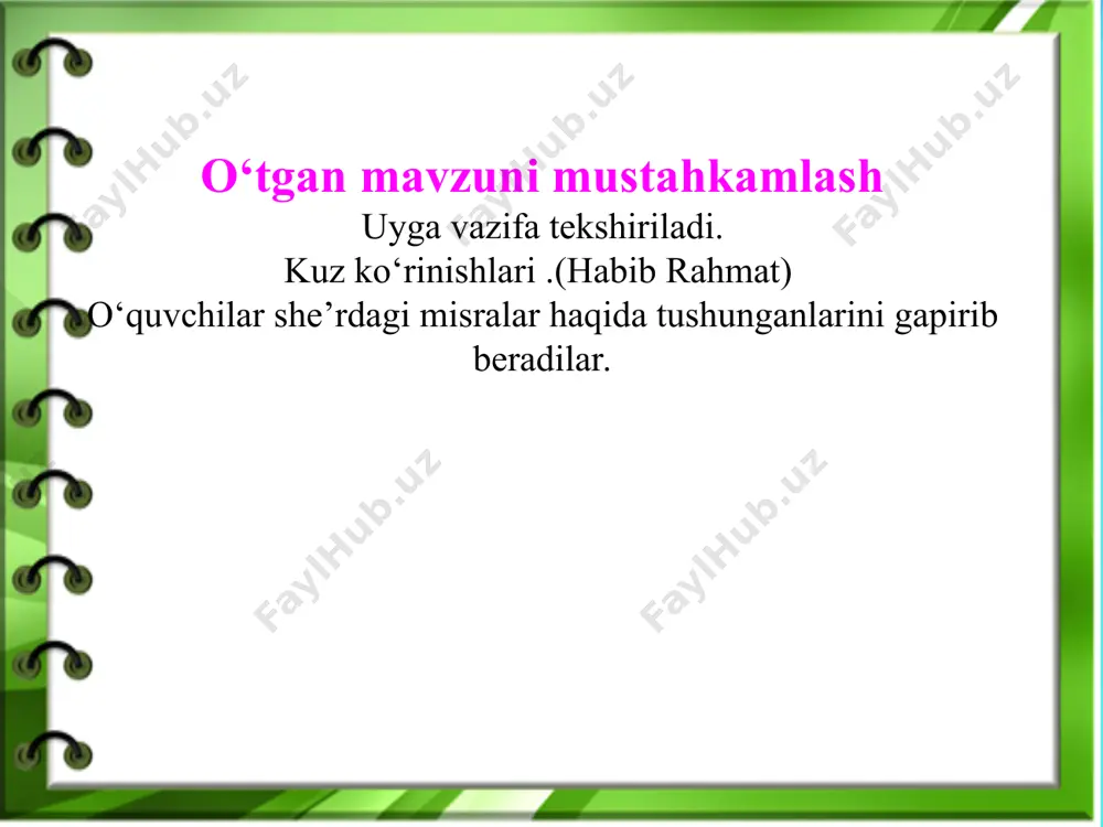 __dedi tog’am. “chirt-chirt ” etgan allaqanday ovoz eshitildi.bo‘y cho‘zib qaradim,birov qovunlarni uzayotganga o‘xshadi…. __qovunlar dum beryapti,__dedi tog‘am turib.keyin dum bergan qovunlarni ko‘tarib chiqdi.bora-bora tun salqini tushdi.chirillagan ovoz polizni tutdi . ___ertaga qovun uzamiz,yordamlashasizlar !---dedi tog‘am.qachon tong otar ekan,deb osmonga tikilib yotdik… ----qani,tura qolinglar,choy sovib qoldi,---dedi tog‘am. ko‘zimizni ochsak,tong otib qolibdi.tog‘am choy-non qo‘yibdi.tez yuvindik-u choy ichdik,non yedik. ---qani,azamatlar,qovunlarni yig‘inglar!___dedi tog‘am. “komandada o‘qitish “ metodi. bu metodda o‘ quvchilar teng sonli ikkita komandaga ajratiladi.har ikkala komanda bir xil topshiriqni bajaradi.komanda a’zolari o‘quv topshiriqlarini hamkorlikda bajarib,h ar bir o‘quvchi mavzudan ko‘zda tutilgan bilim,ko‘nikma va malakalarni o‘zlashtirishga e’tiborni qaratadi. masalan : 1-guruh handalaklar 2-guruh tarvuzlar savol: ikkala guruhga ham bir xil “qovun sayli” matnidan siz nimalarni bilib oldingiz ? siz qanday qovun va tarvuz navlarini bilasiz? javoblar jamlanib qaysi guruh ko‘proq javob berganini aniqlab olamiz. g‘olib guruh rag‘batlantiriladi. savollar: 1.qovunlar dum berayotganda nima uchun tovush chiqaradi ? 2.matnda tilga olingan qovun navlarini daftaringizga yozing. …